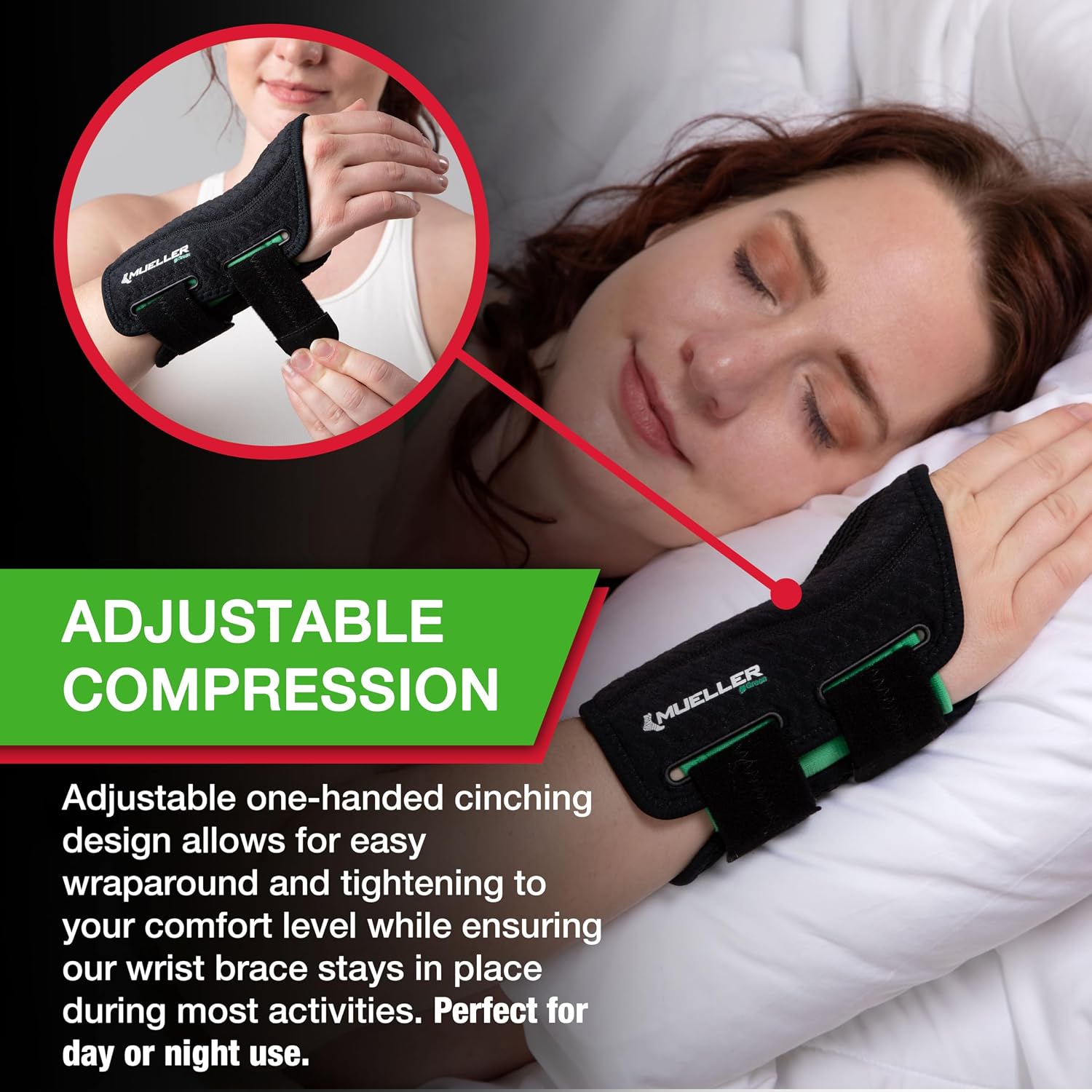 MUELLER Sports Medicine Green Fitted Wrist Brace for Men and Women, Wrist Pain Relief Support, Ideal for Carpal Tunnel, Tendonitis, Arthritis, Right Hand, Black, Small/Medium