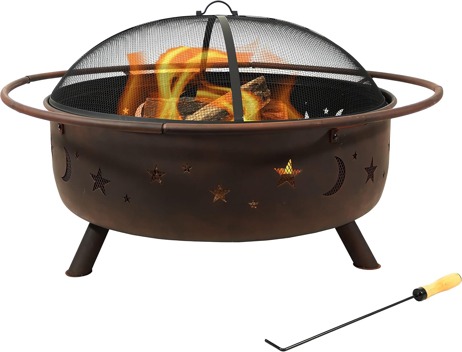 Sunnydaze Cosmic 42" Large Outdoor Fire Pit, Wood Burning, 34" Bowl Dia | Bronze, Heavy Duty Steel Metal, Includes Spark Screen, Wood Grate, & Poker, Round Backyard Firepit for Outside, Patio, Deck