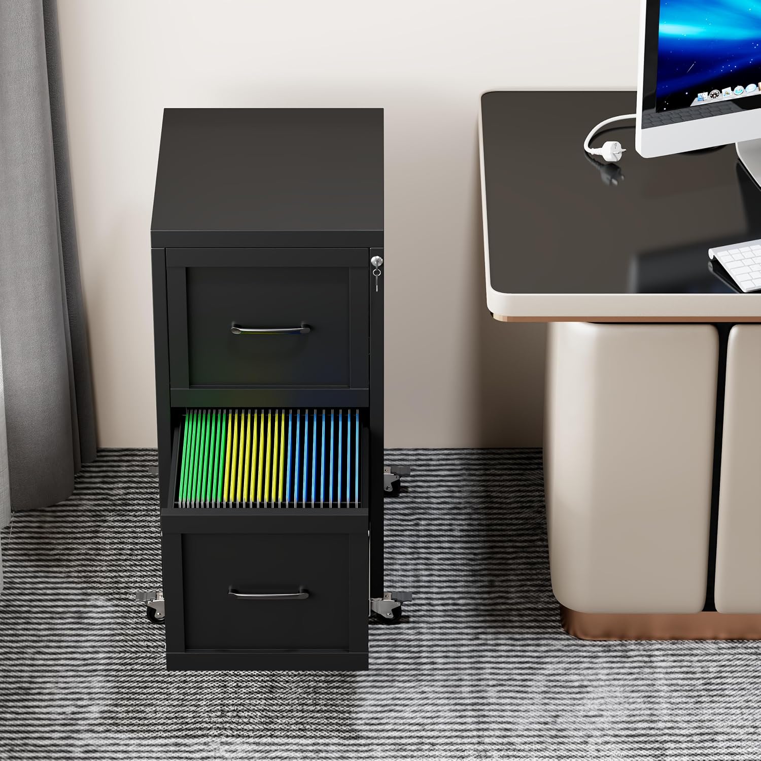3 Drawer File Cabinet, Office Mobile Filing Cabinet, Printer Stand | All-in-One Office Storage, 3 Storage Drawers, 2 Adjustable Shelves, Lockable Cabinet, 4 Casters, 46.5-Inch Top
