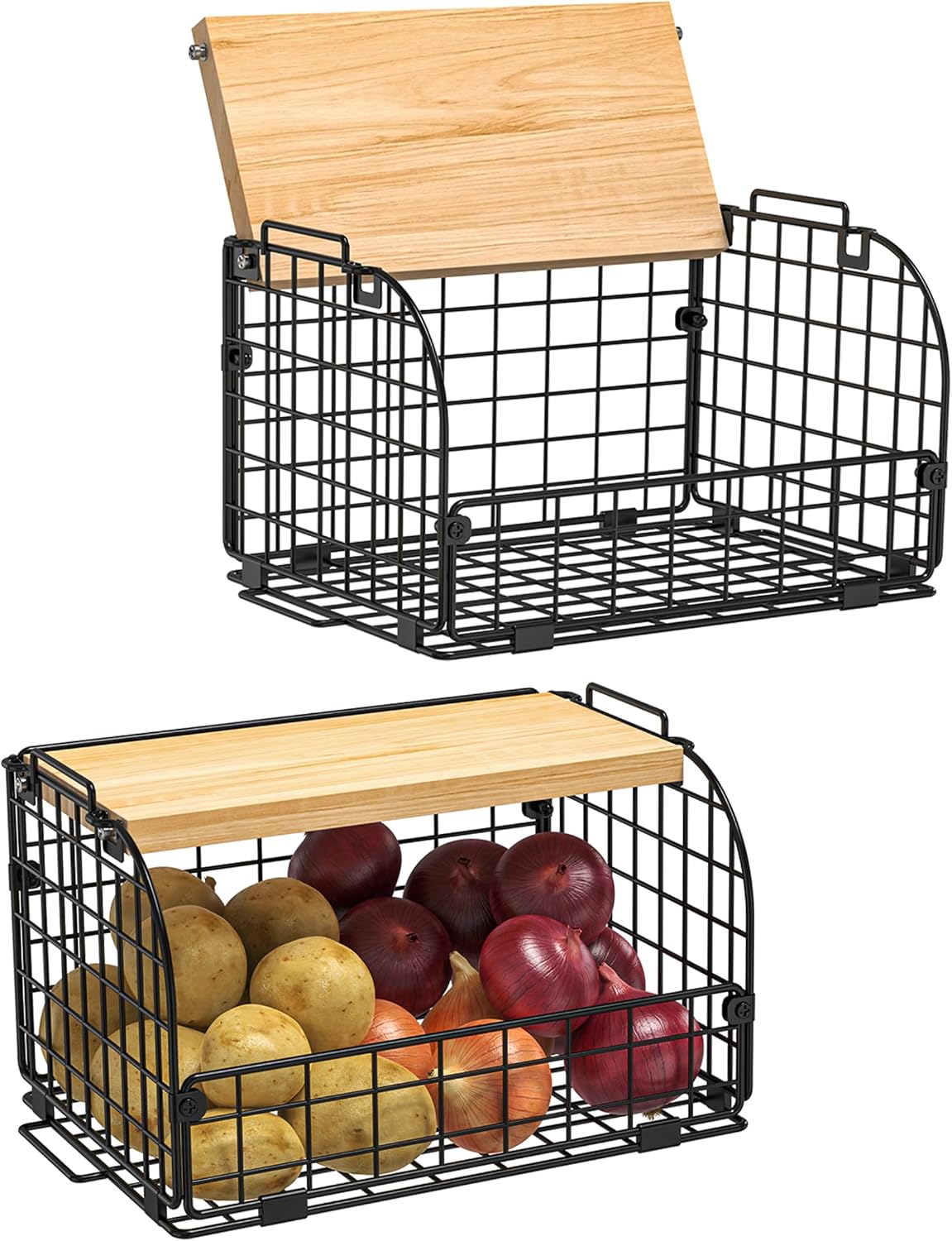2 Set Stackable Wire Basket with Openable Top, Kitchen Counter