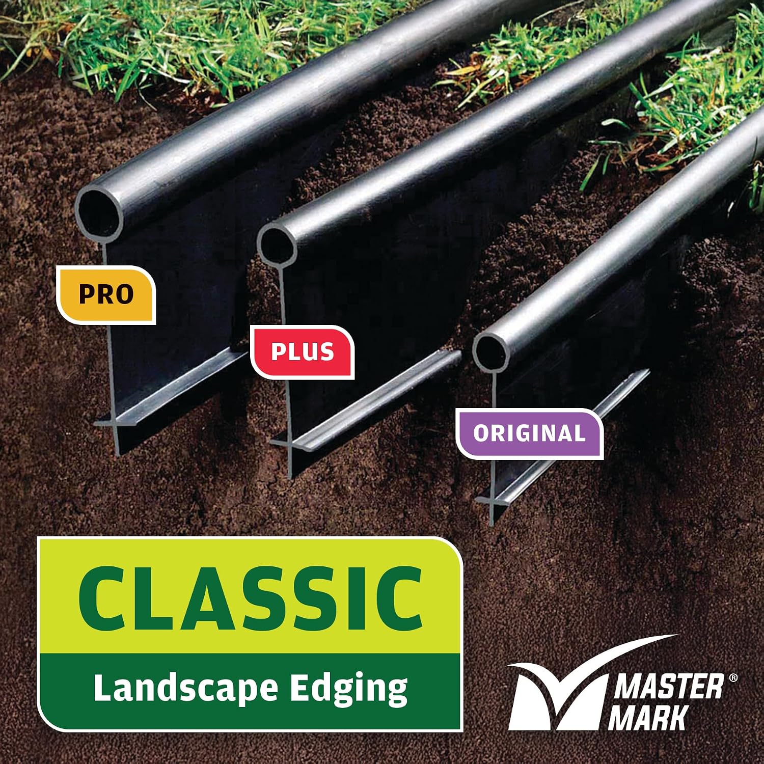 Master Mark Original Plastic Landscape Edging Roll with 5 Anchoring Stakes, Flexible 20-Foot Coil for Gardens, Flower Beds, and Lawn, Garden Border
