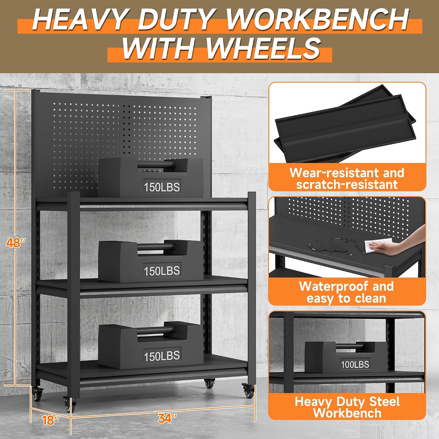 Workbench on Wheels, Adjustable Heavy Duty Work Table with Wheels, Heavy Duty Workstation, Metal Tool Work Bench for Garage Warehouse Workshop, 32" H x 18" D x 34" W