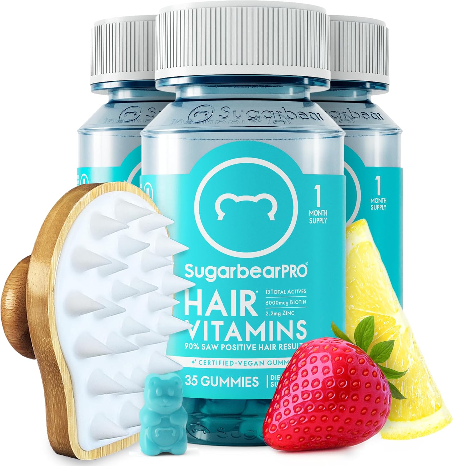 SugarbearPRO Hair Vitamin Gummy 2 Month Supply Extra Strength Biotin 6000mcg, Growth for Men & Women, Vegan Vitamin B12, MSM, Inositol, Omega 3, Elderberry, Certified Kosher, Halal, Cruelty-Free