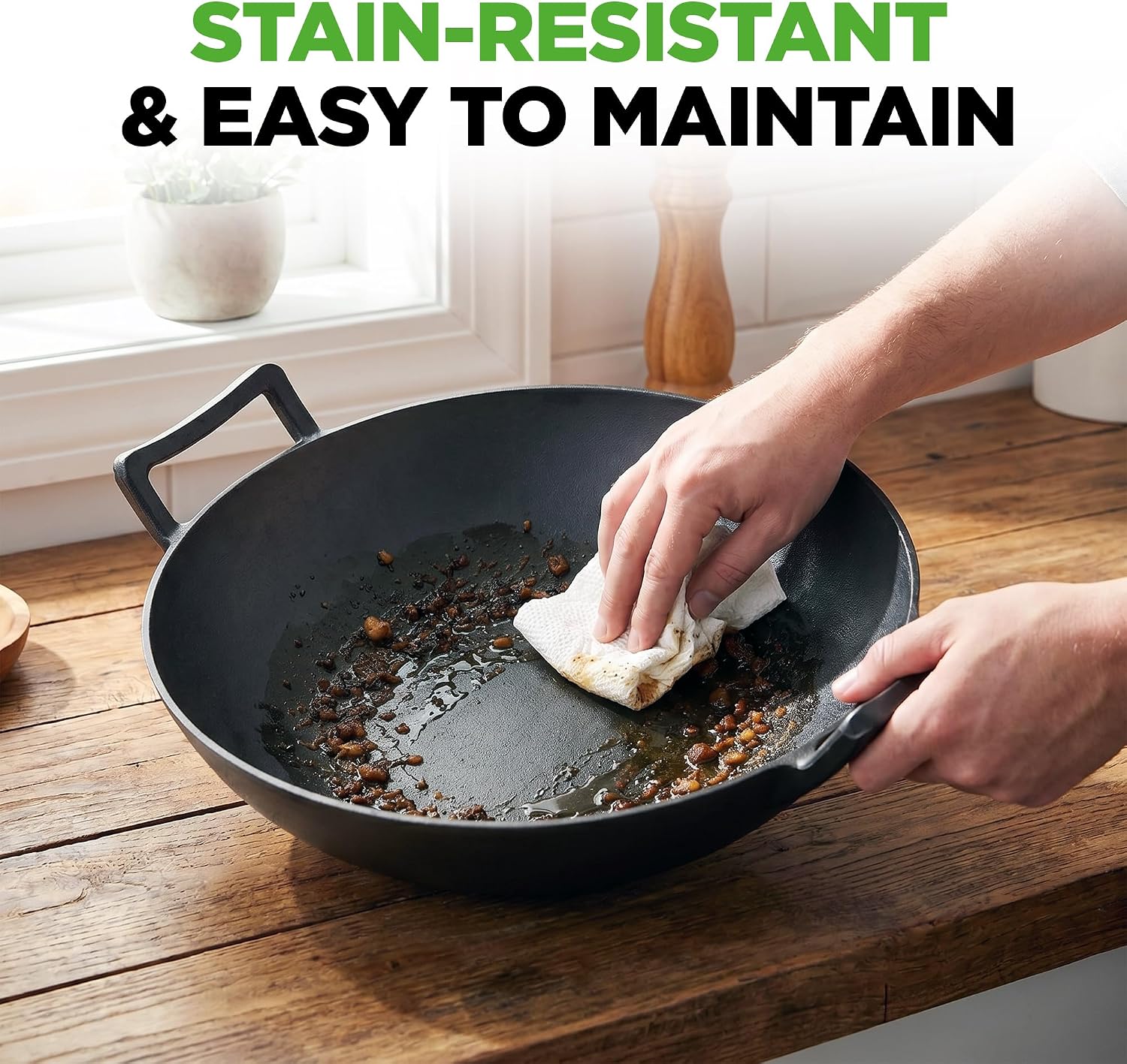 NutriChef 14" Cast Iron Wok with Wooden Lid - Pre-Seasoned Kadai for Stir-Fry with Loop Handles, Compatible with Multiple Cooktops Including Induction