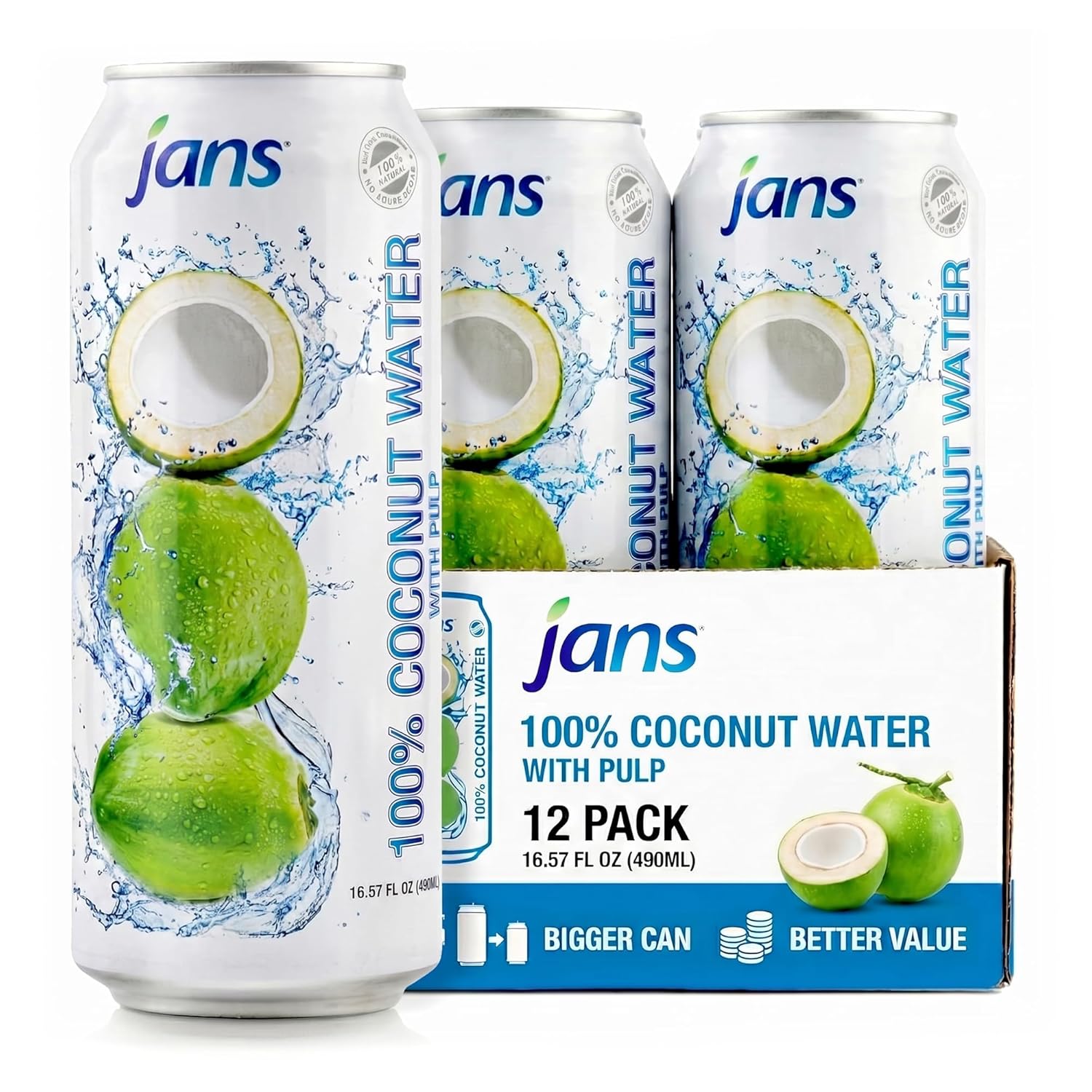 Jans 100% Coconut Water With Pulp, Unsweetened, 16.57 Fl Oz, Pack of 12