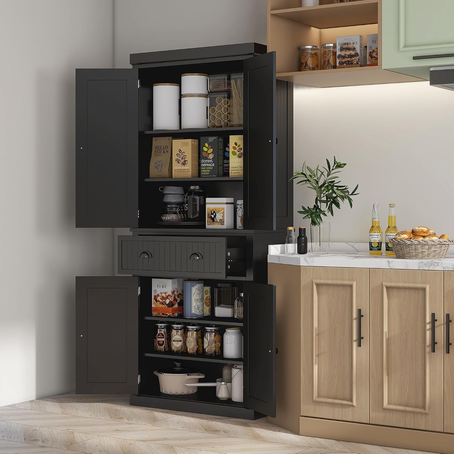 HOMCOM 72" Kitchen Pantry Cabinet Freestanding Tall Storage Cabinet White | Traditional Kitchen Pantry, 4 Doors, Drawer, 3 Adjustable Shelves, for Dining Room