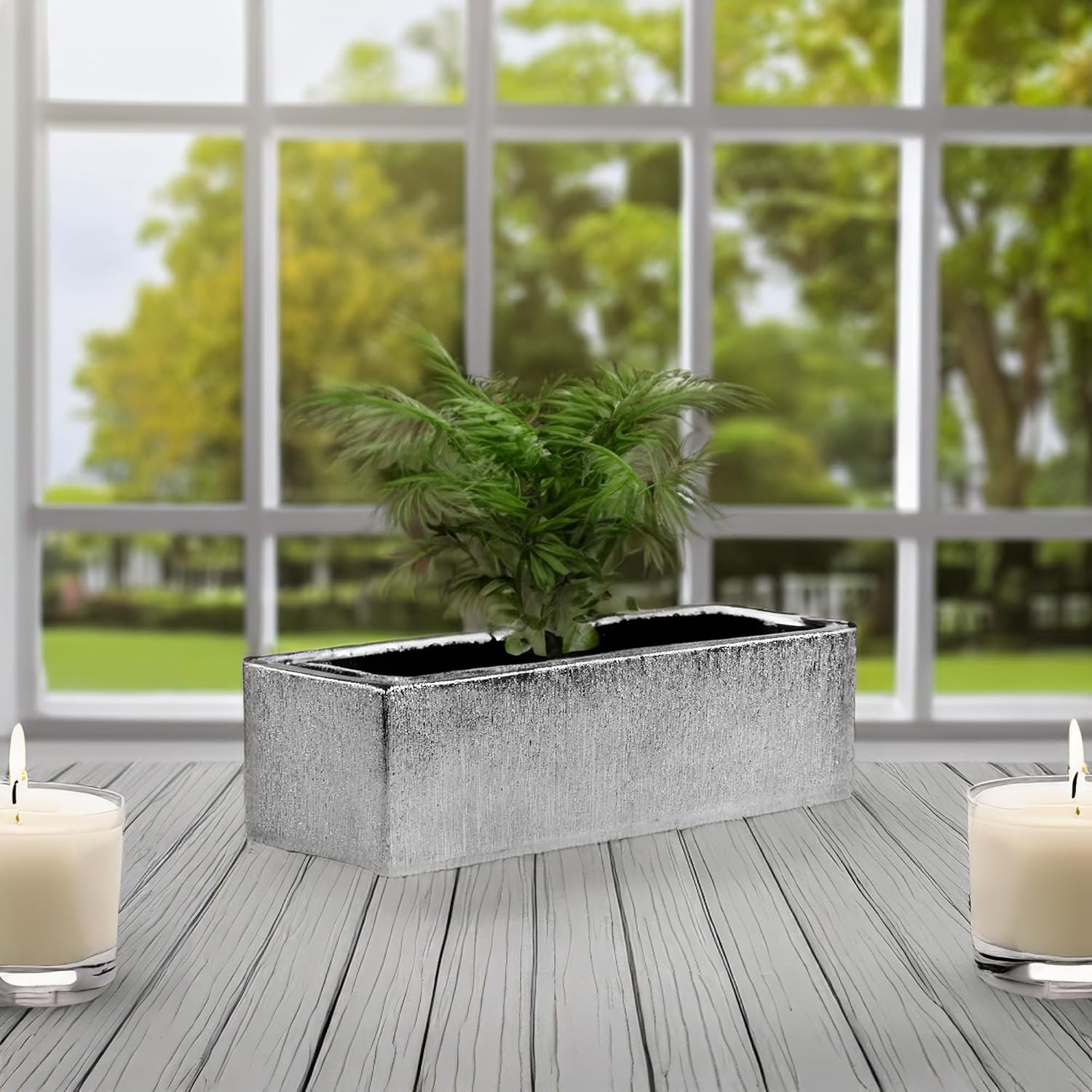 WGVI Long Rectangle Ceramic Planter Vase in White 14" x 4" x 4"H, Rectangular Box Block Terrarium Pot, Flower Arrangement, Tabletop Centerpiece