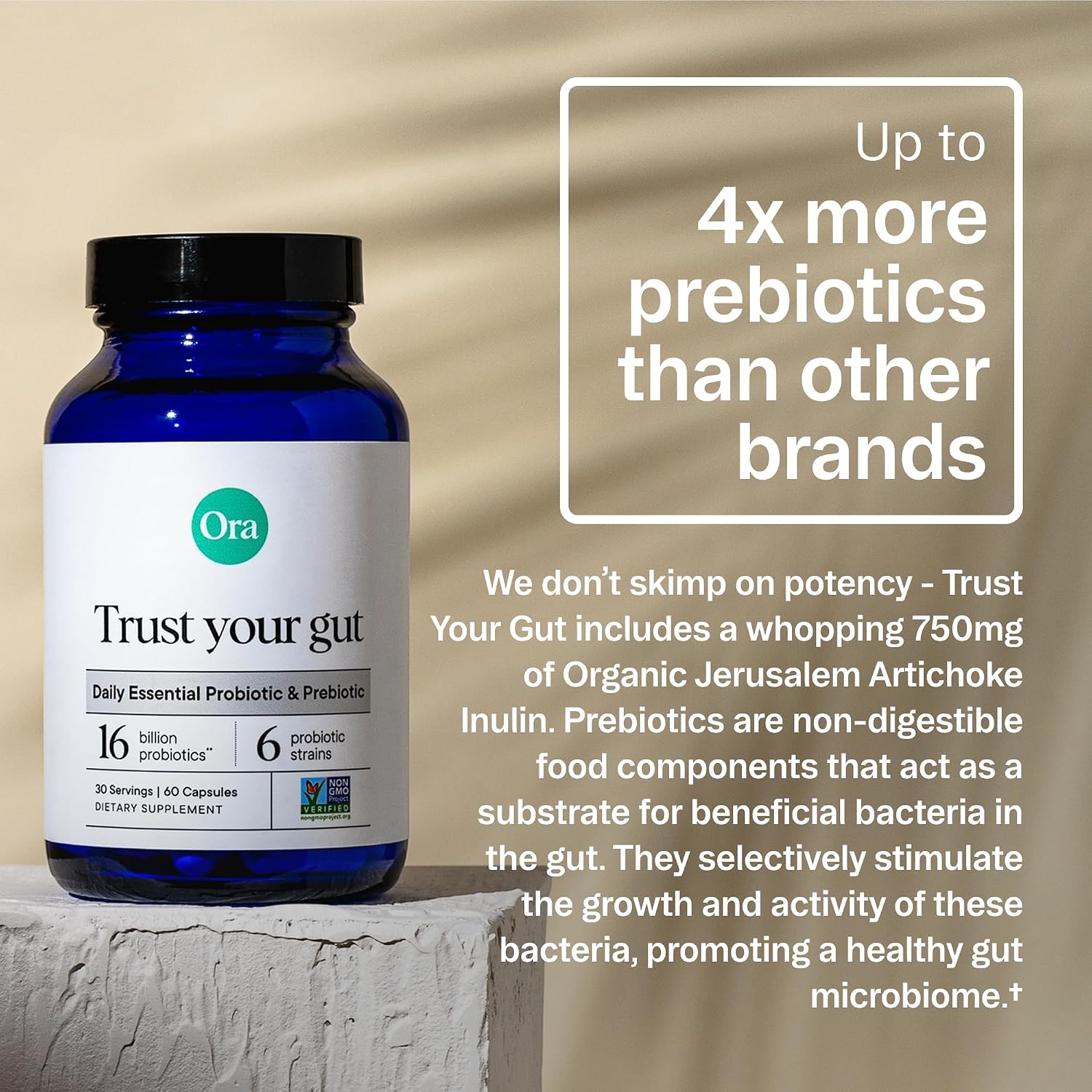 Ora Organic Vegan Probiotic and Prebiotic Capsules | 16 Billion Probiotics + Organic Prebiotics, Dairy-Free, Gluten-Free, for Sensitive Stomachs- 1 Month Supply (60 Capsules)