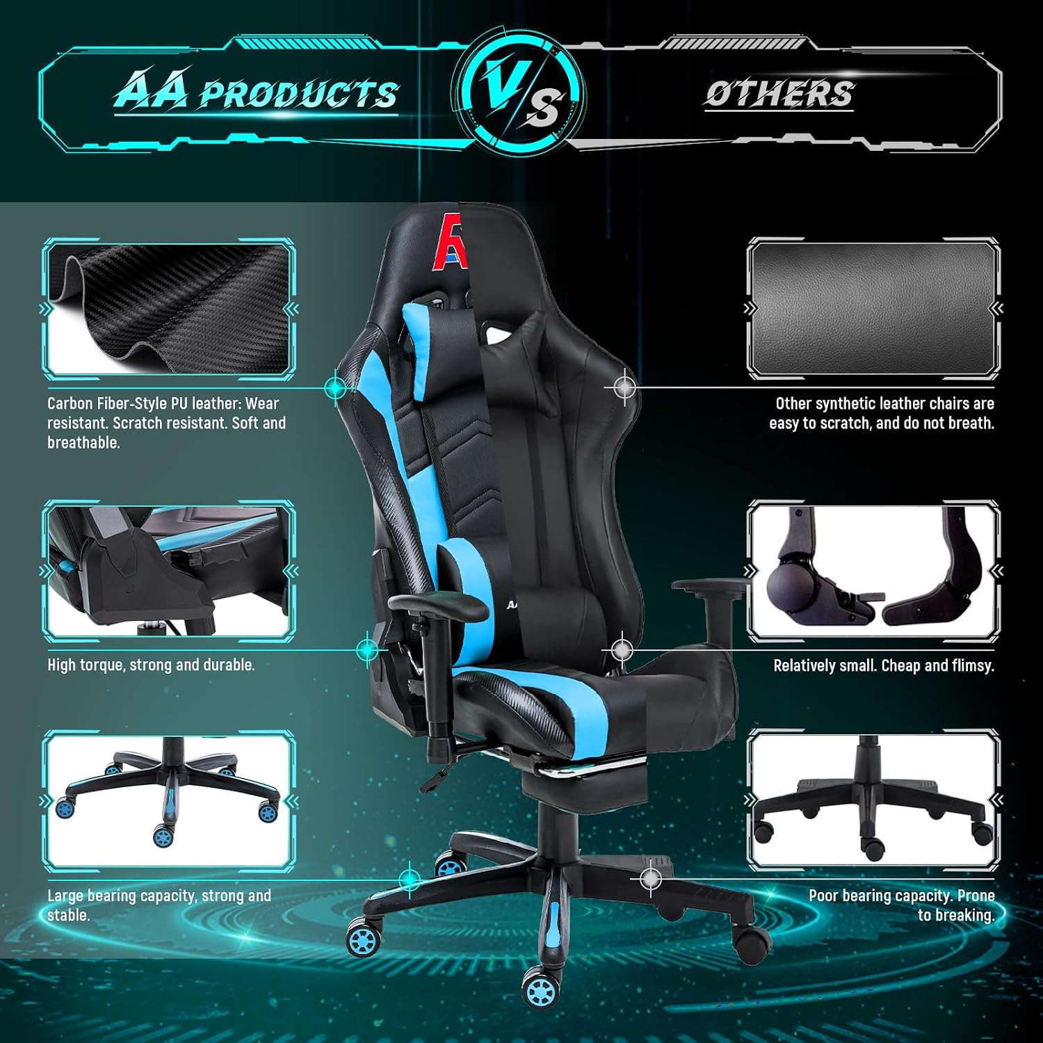 AA Products Gaming Chair Ergonomic High Back Computer Racing Chair Adjustable Office Chair with Footrest, Lumbar Support Swivel Chair - Black