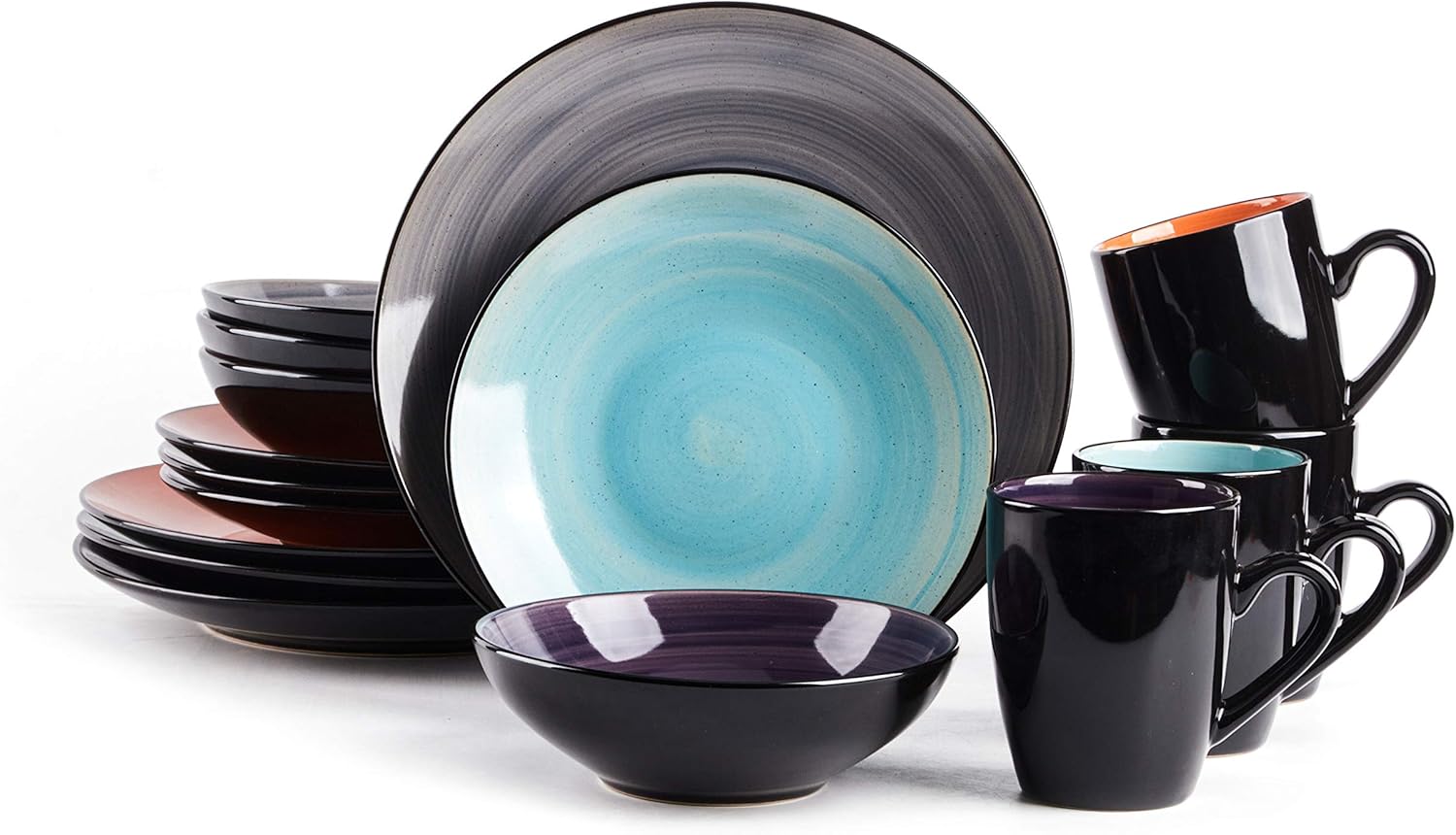 HomeVss, Sonoma Stoneware Dinnerware Set, Outside Black + Inside Hand Painting Color (16pc Set, Grey)