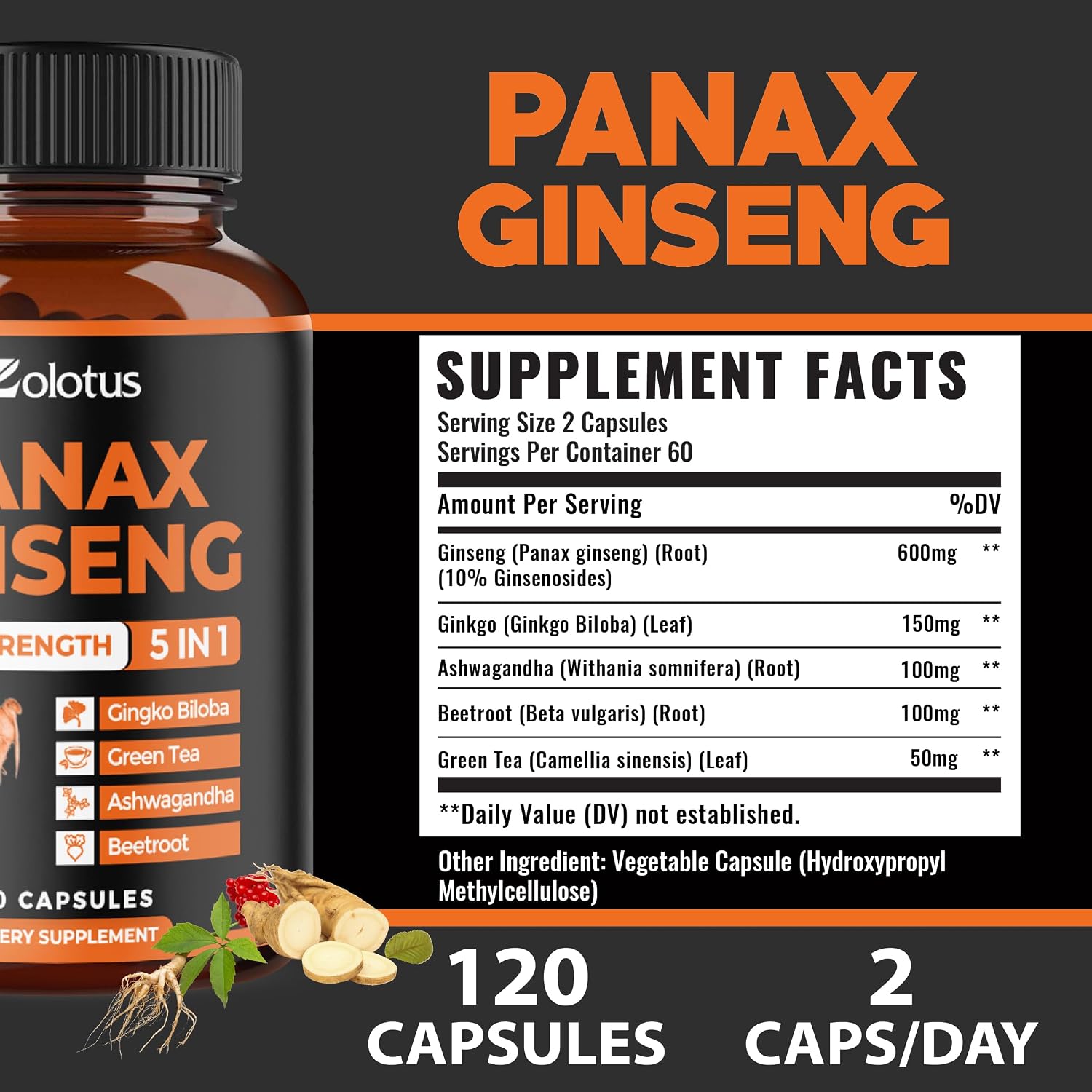 Zolotus Korean Red Panax Ginseng + Ginkgo Biloba, Ashwagandha, Beetroot, Green Tea - 120 Capsules for 2 Month Supply