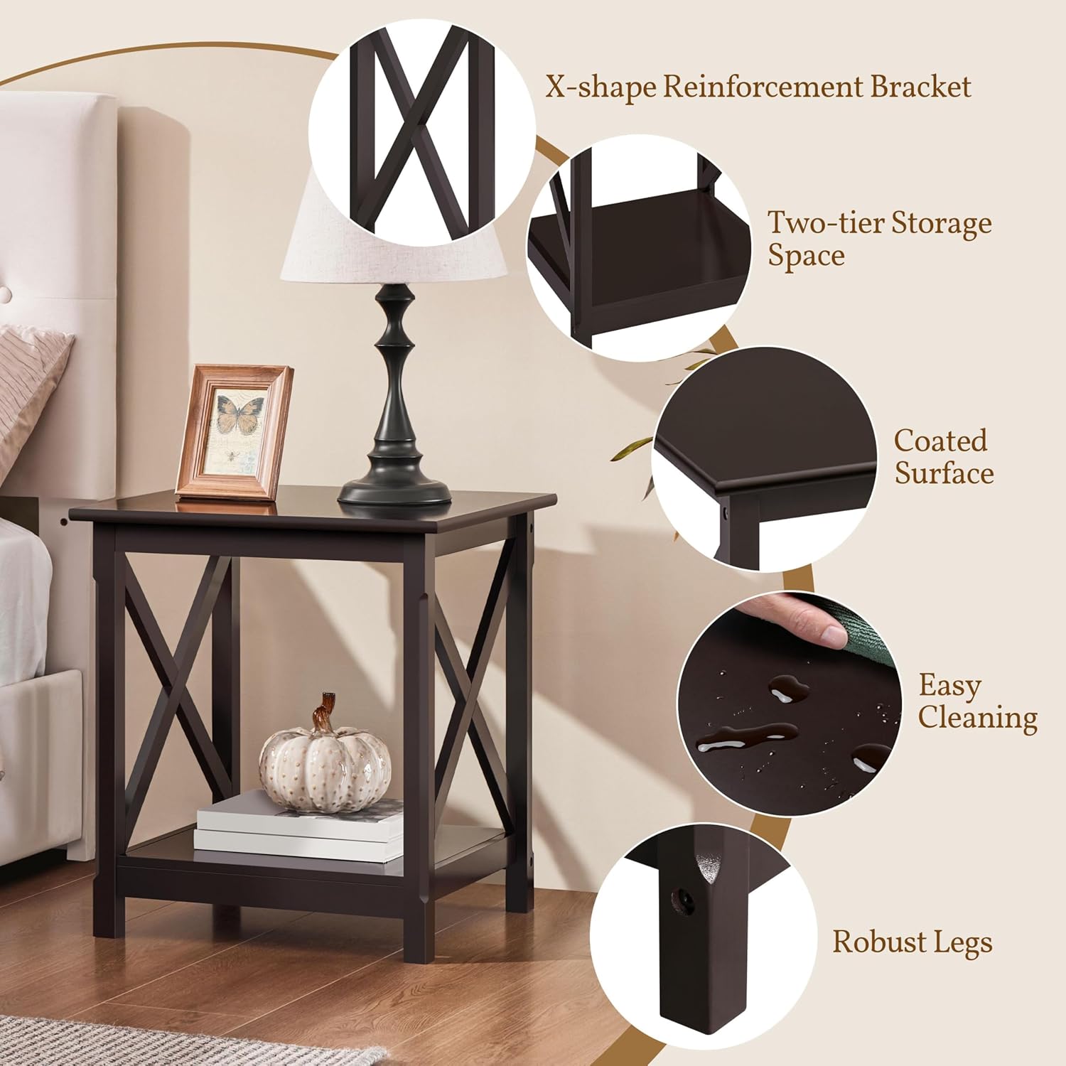 Yaheetech X-Side Frame End Table with 2-Tier Storage Shelf, Espresso