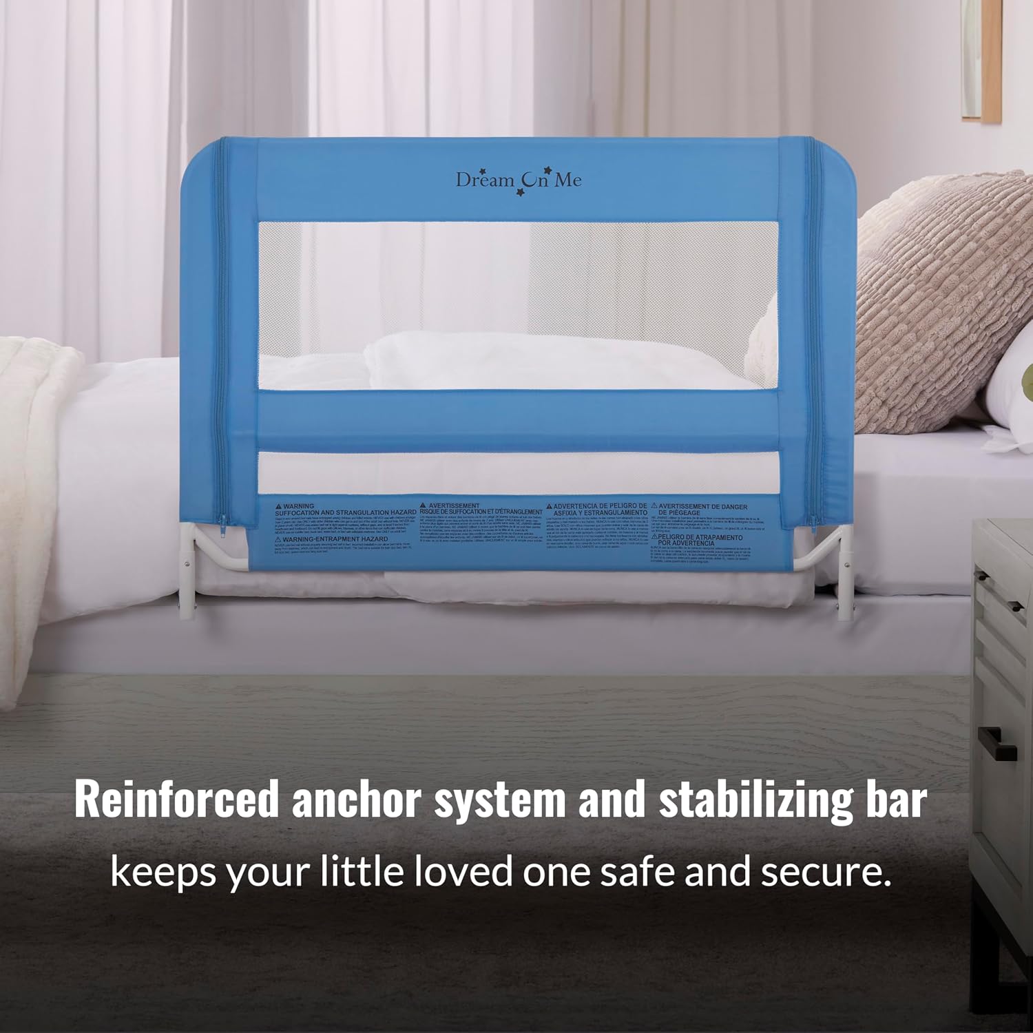 Dream On Me Mesh Security Bed Guard Rail for Toddlers 2–5 Years, Fits Twin–King Beds, Reinforced Anchor System, 2 Adjustable Heights, Blue