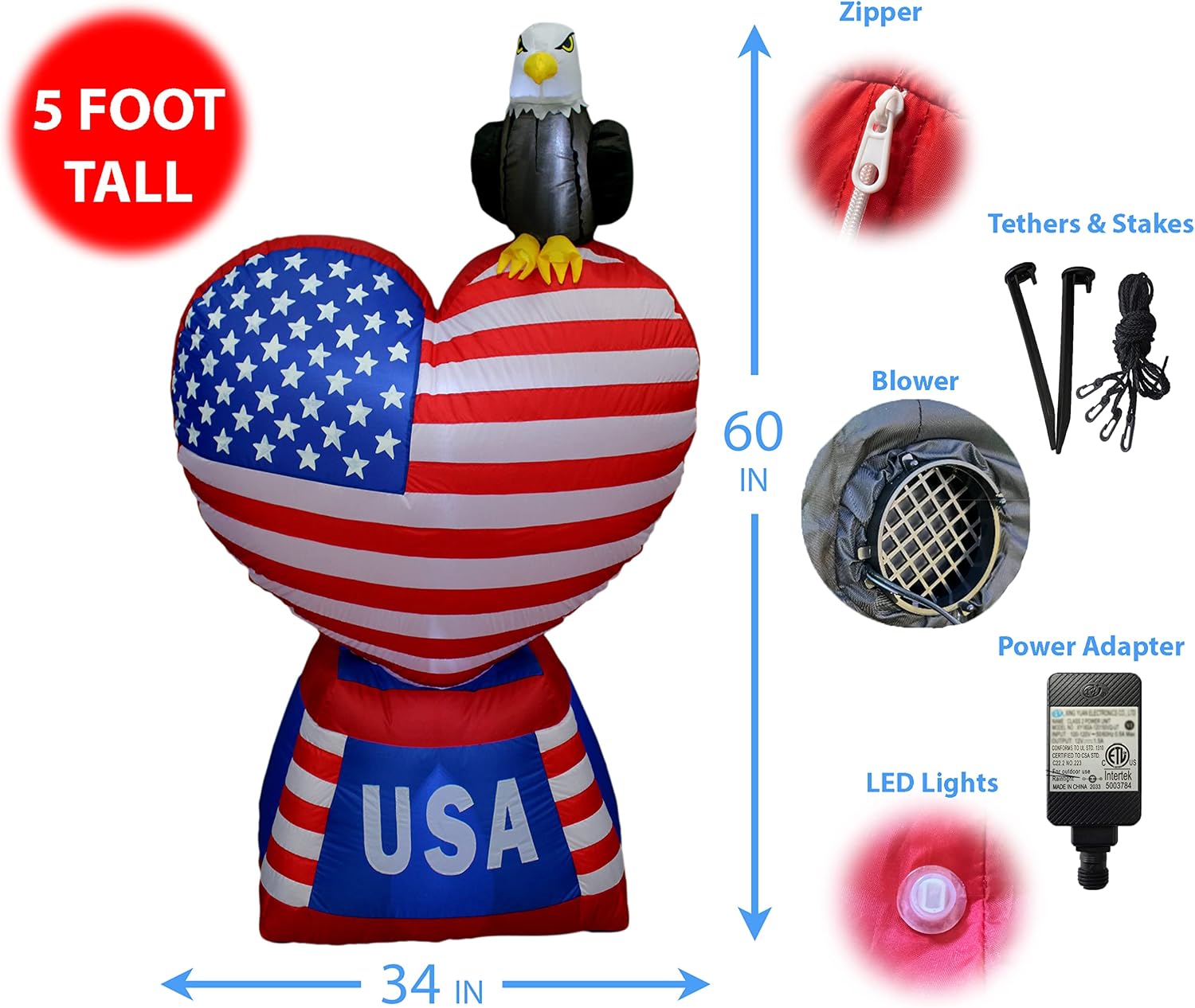 5 Foot Tall Patriotic Independence Day 4th of July Inflatable | Love Heart with American Flag and Bald Eagle, Pre-Lit LED Lights, Outdoor Indoor