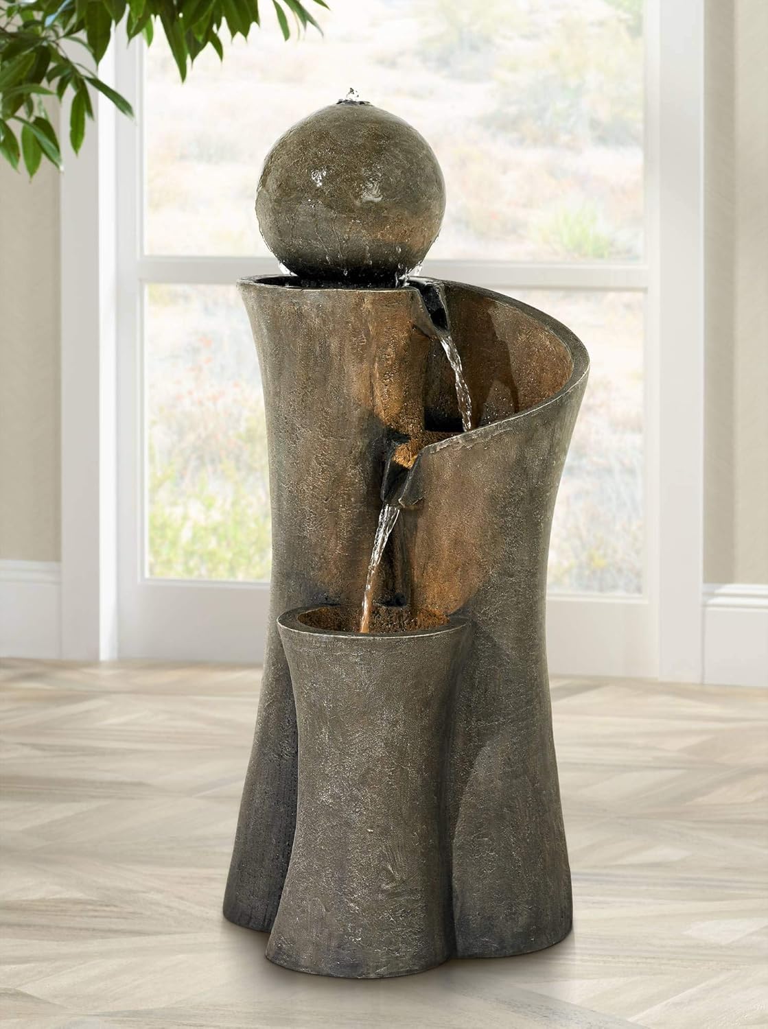 Modern Sphere Curve Cascading 39 1/2" Large LED Outdoor Indoor Fountain | Zen Decor Faux Stone Floor with Light Waterfall Water Feature for Outside