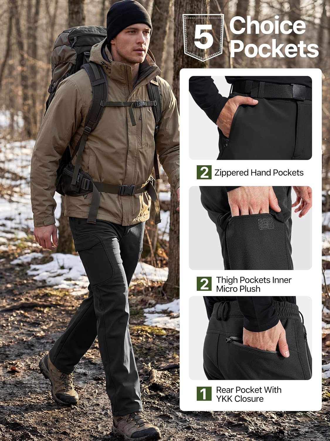 FREE SOLDIER Men's Outdoor Softshell Fleece Lined Cargo Pants | Snow Ski Hiking Pants with Belt, Waterproof Winter Pants, Insulated Work Pants, Breathable Windproof Insulated Pants