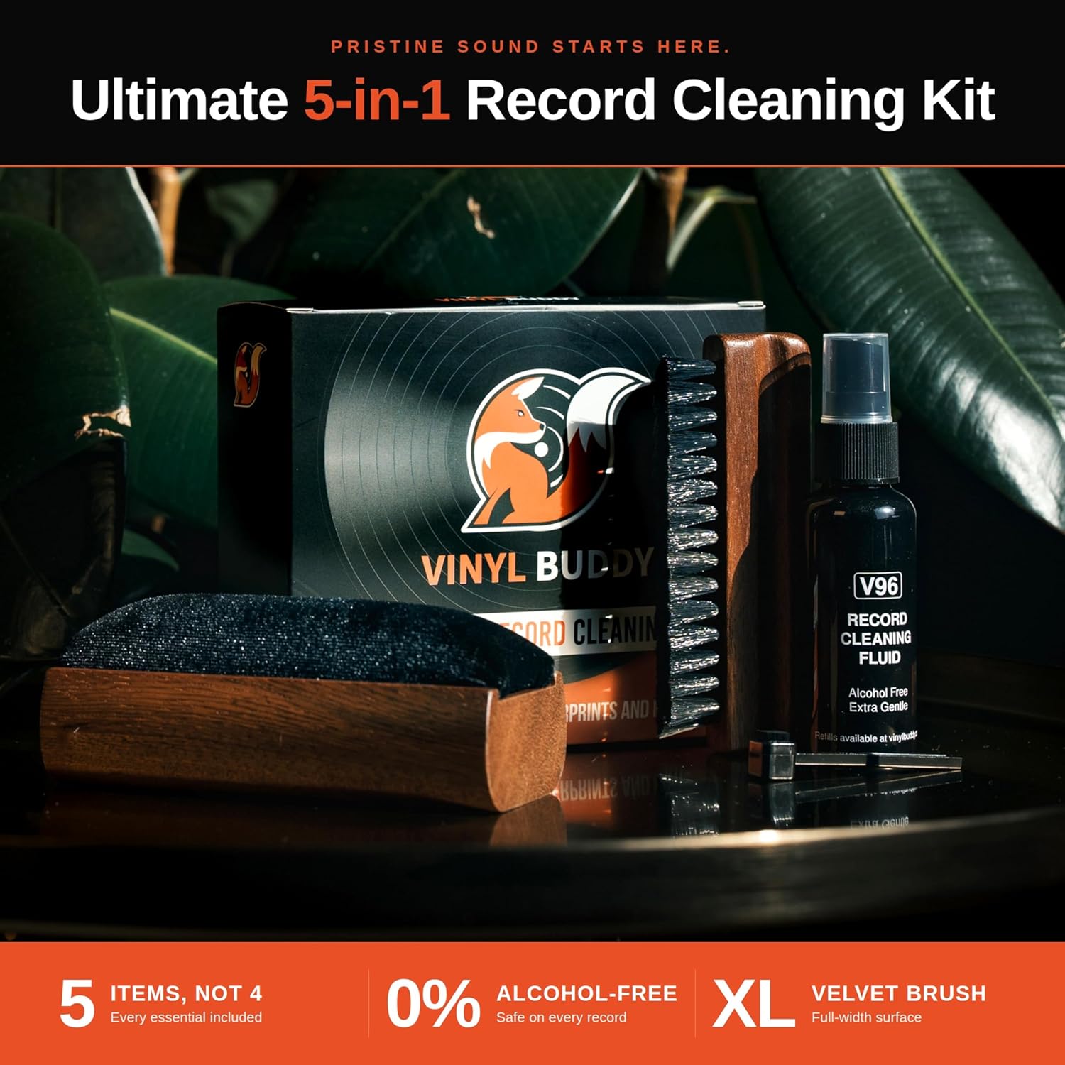 Vinyl Buddy 5-in-1 Vinyl Record Cleaning Kit | Premium Hardwood Velvet & Microfiber Brush, Stylus Brush