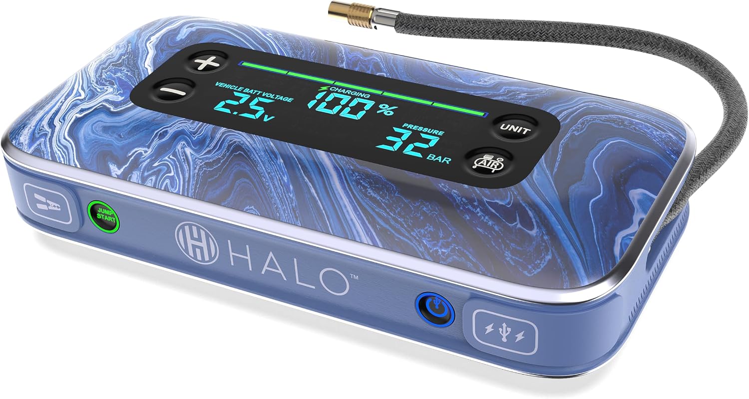 HALO BOLT AIR+ 1750A Jump Starter, AIR Compressor, Power Bank, Blue | 130 PSI air compressor, 59.9Wh power bank, large display, LED light. Jumps cars, SUVs & trucks