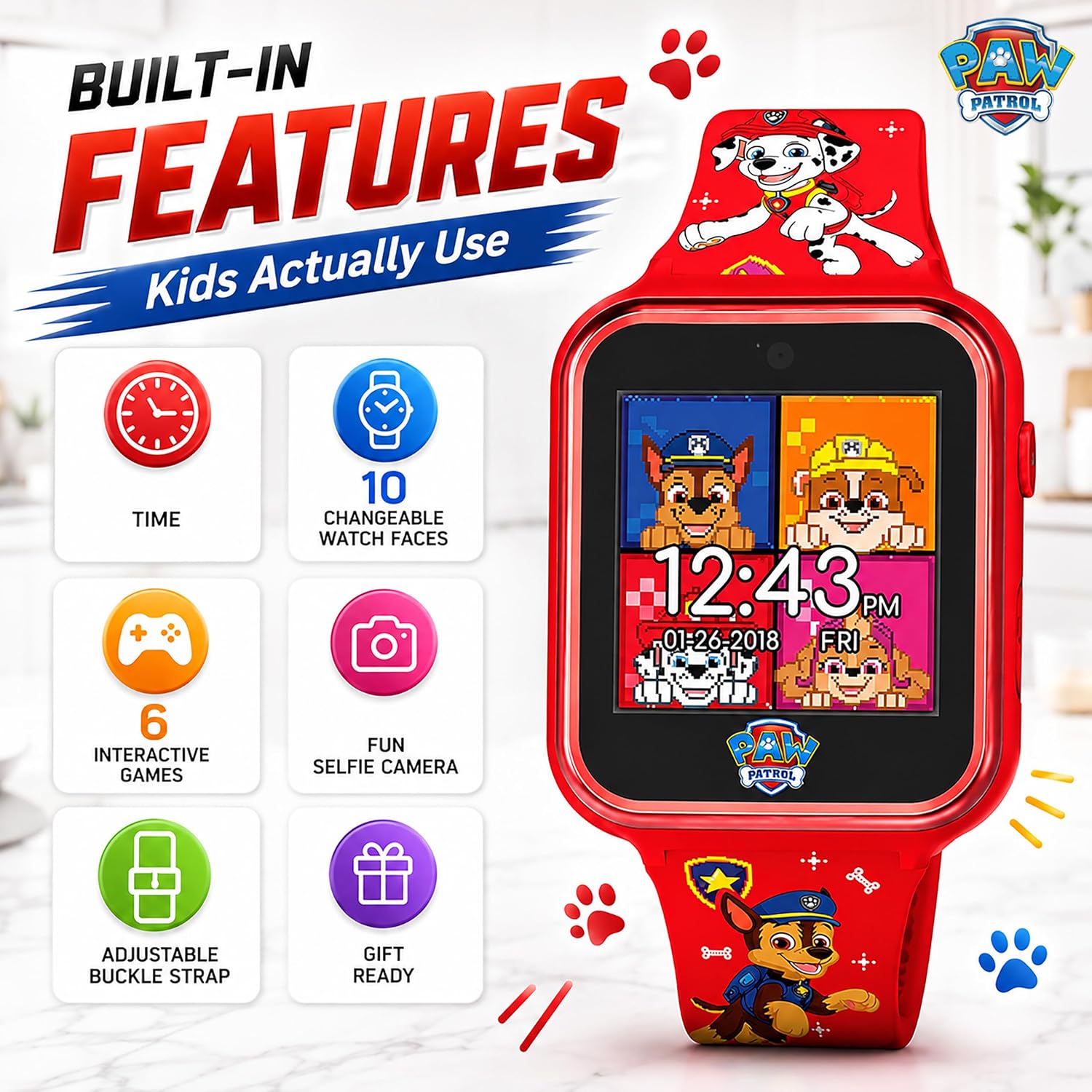 Accutime Paw Patrol Smart Watch with Camera for Kids and Toddlers - Interactive Smartwatch for Boys & Girls Featuring Games, Voice Recorder