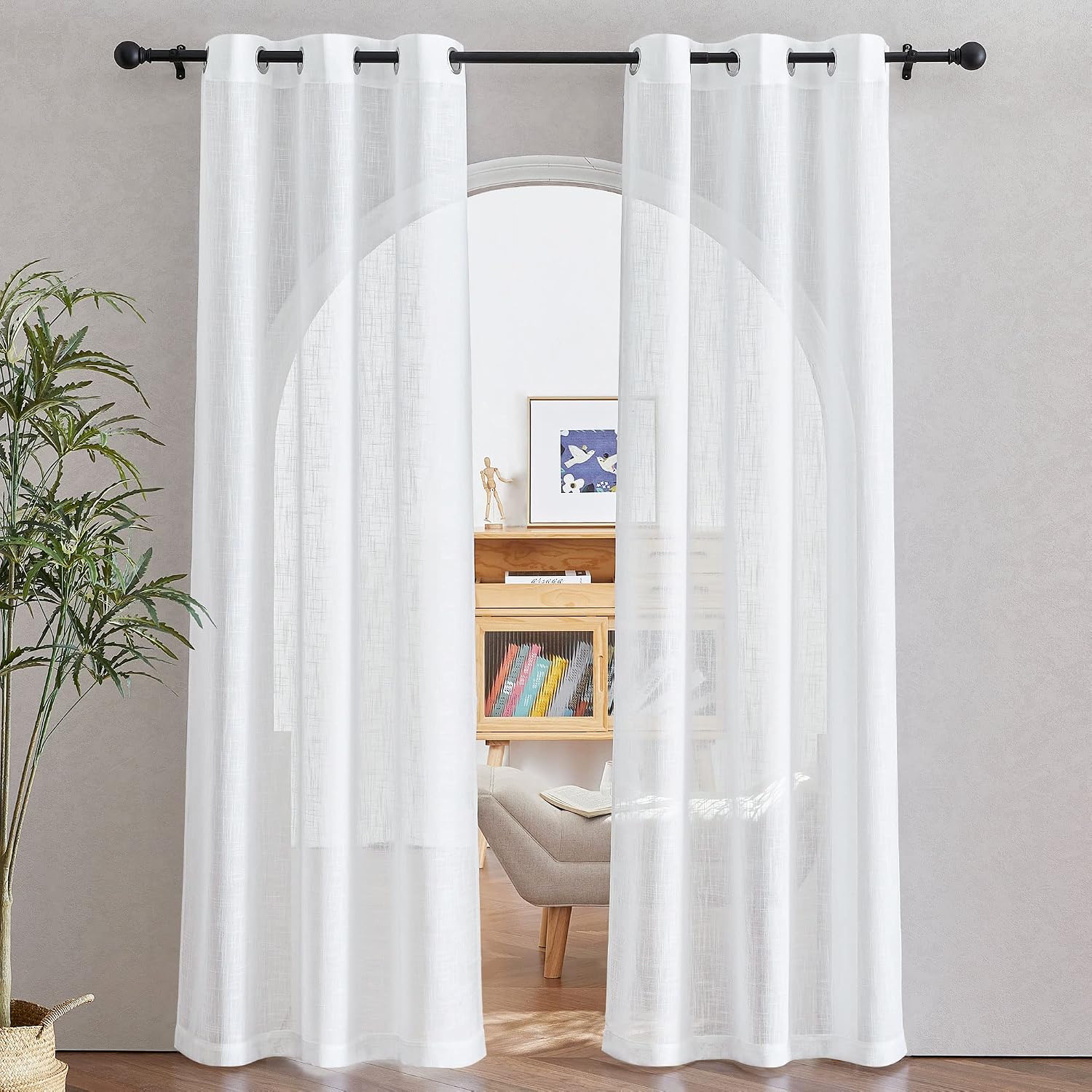 NICETOWN Linen Curtains White Semi Sheer 72 inch Long for Windows, Privacy with Light Filtering Grommet Top Window Treatments for Bedroom/Living Room