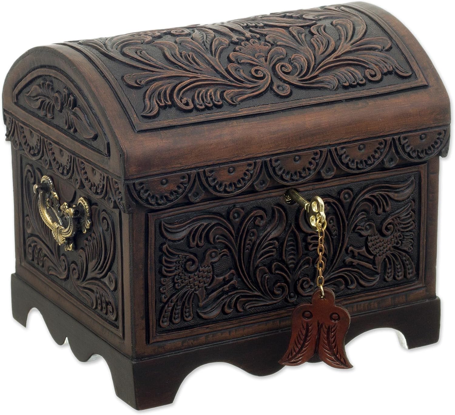 NOVICA Artisan Handmade Cedar and Leather Decorative Box | Floral Bird Motif | Brown Wood Accessories | 'Andean Flight' | 7" H x 8.75" W x 7" D