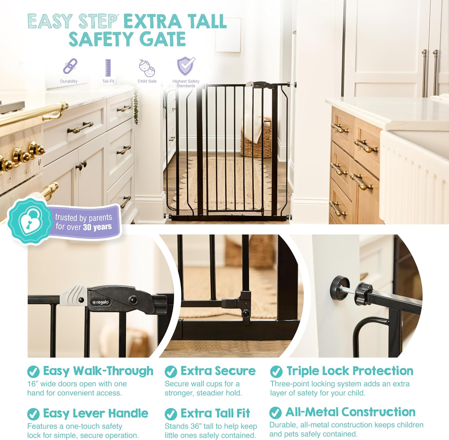Regalo Safety 29"-49" Extra Wide Baby Gate, Bottom of Stairs & Doorways | Pressure Mounted with Door, For Babies, Toddlers & Pets, White, Tested & Trusted for 30 Years
