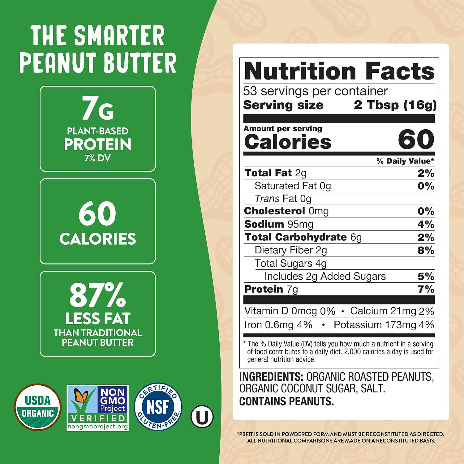 PBfit 30 Ounce Organic Peanut Butter Powder, Powdered Peanut Spread from Real Roasted Pressed Peanuts, 7g of Protein 7% DV, Gluten-Free, 60 calories, 87% less fat (Pack of 1)
