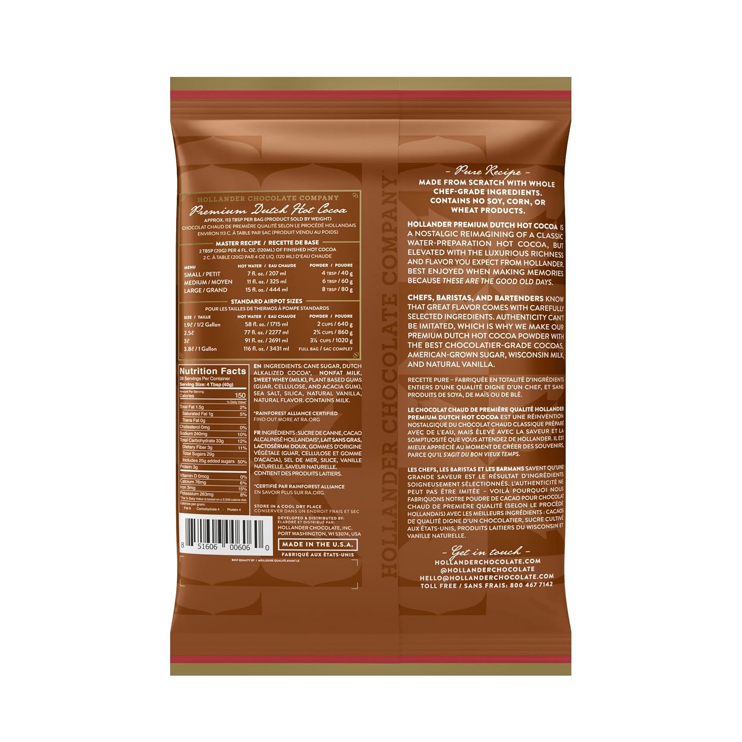 Hollander Chocolate Dutched Premium Hot Cocoa, 2.5 lbs | Nostalgic Rich & Creamy Flavor, Natural Vanilla, Water and Milk Soluble, Bulk Bag