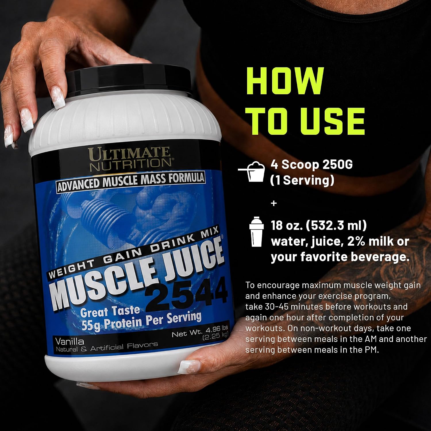 Ultimate Nutrition Muscle Juice 2544 Mass Gainer, Vanilla, 4.96 lb | 55g Protein Blend, 162g Carbs, 17g Fat, 1020 Calories, High Calorie Weight Gainer For Muscle Growth And Recovery
