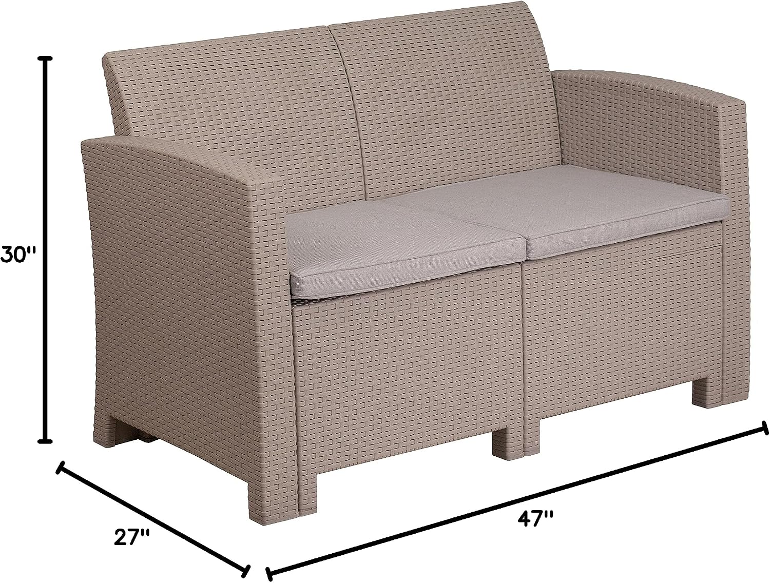 EMMA + OLIVER Light Gray Faux Rattan Loveseat with Light Gray Cushions