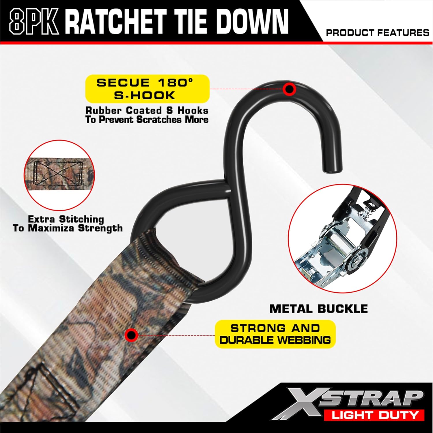 XSTRAP STANDARD 8-PK Ratchet Tie Down Straps, 1" x 10ft Cargo Strap, Yellow