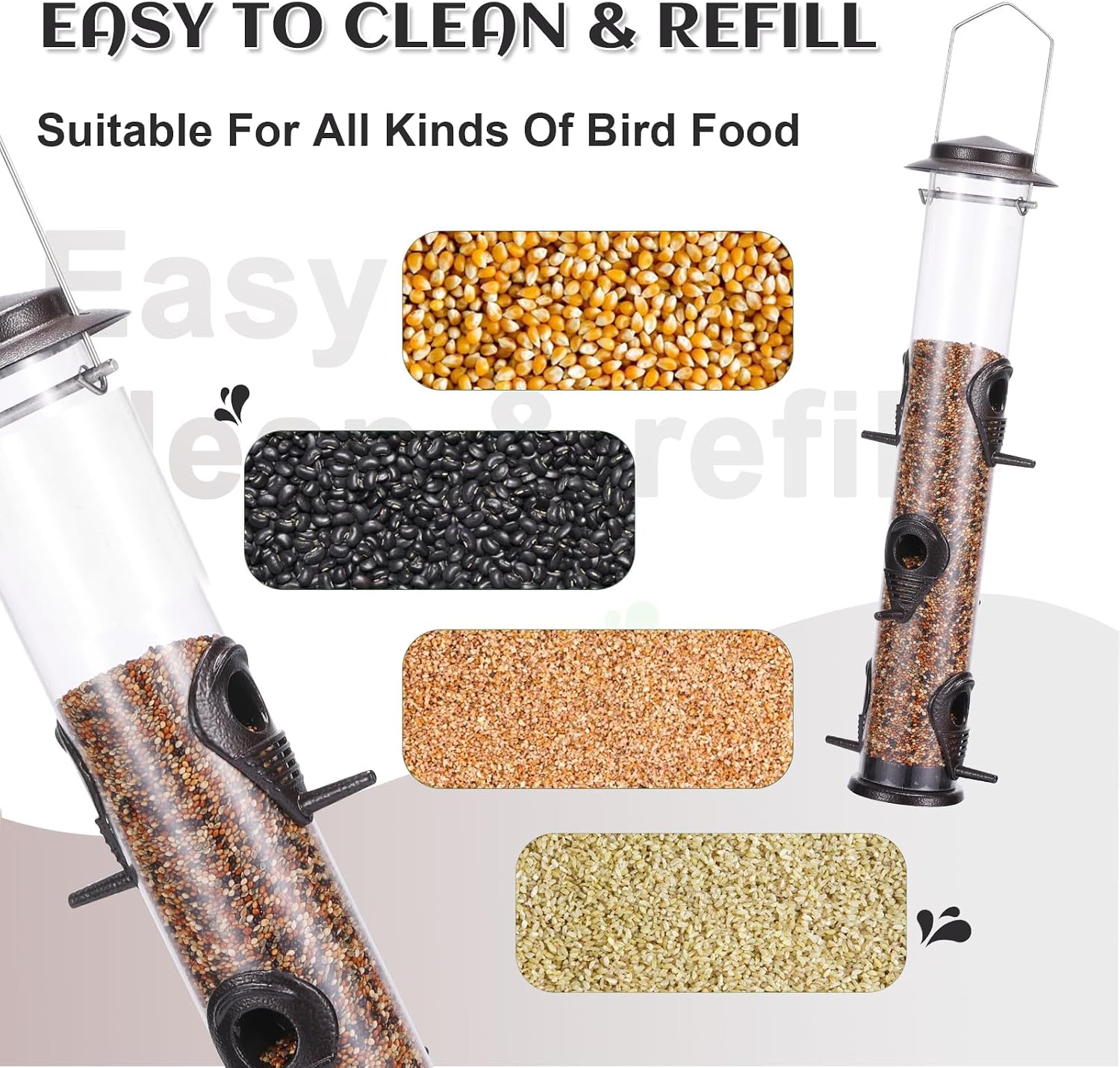 MIXXIDEA 1PK Metal Bird Feeders with 6 Feeding Ports, Tube Bird Feeder with Steel Hanger, Hard Plastic Wild Bird Feeder for Outdoors Hanging