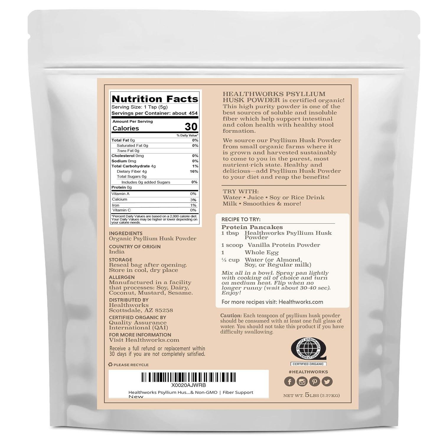 Healthworks Superfoods Organic Psyllium Husk Powder 2 lb Keto Soluble Fiber | Organic, Powder, 1 lb, Soluble Fiber, Digestive Support, Keto, Non-GMO, Vegan, For Gut Health, Prebiotic, Gluten-Free, Paleo