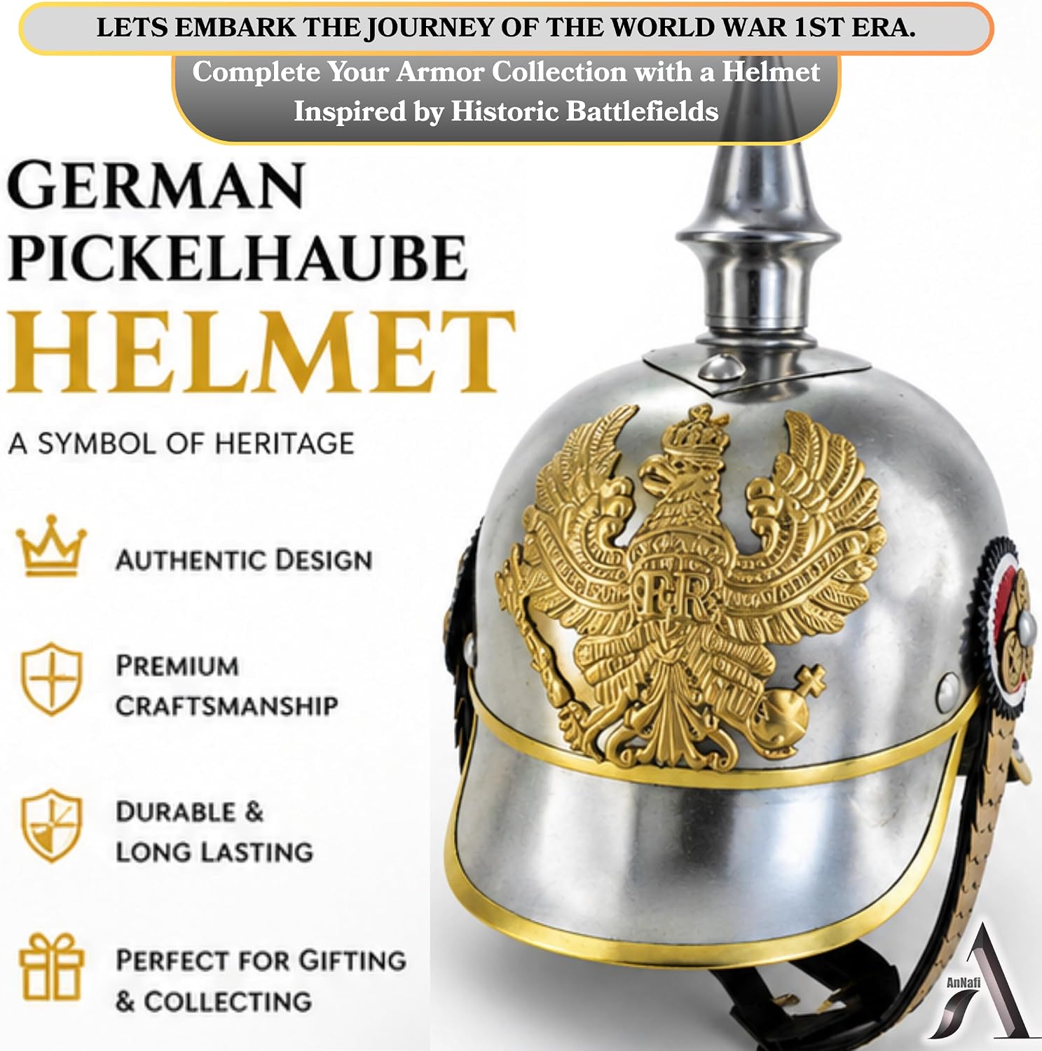 AnNafi® German Pickelhaube Military Helmet, Steel Imperial Prussian Officer Spiked, WWI & WWII Helmets Replica