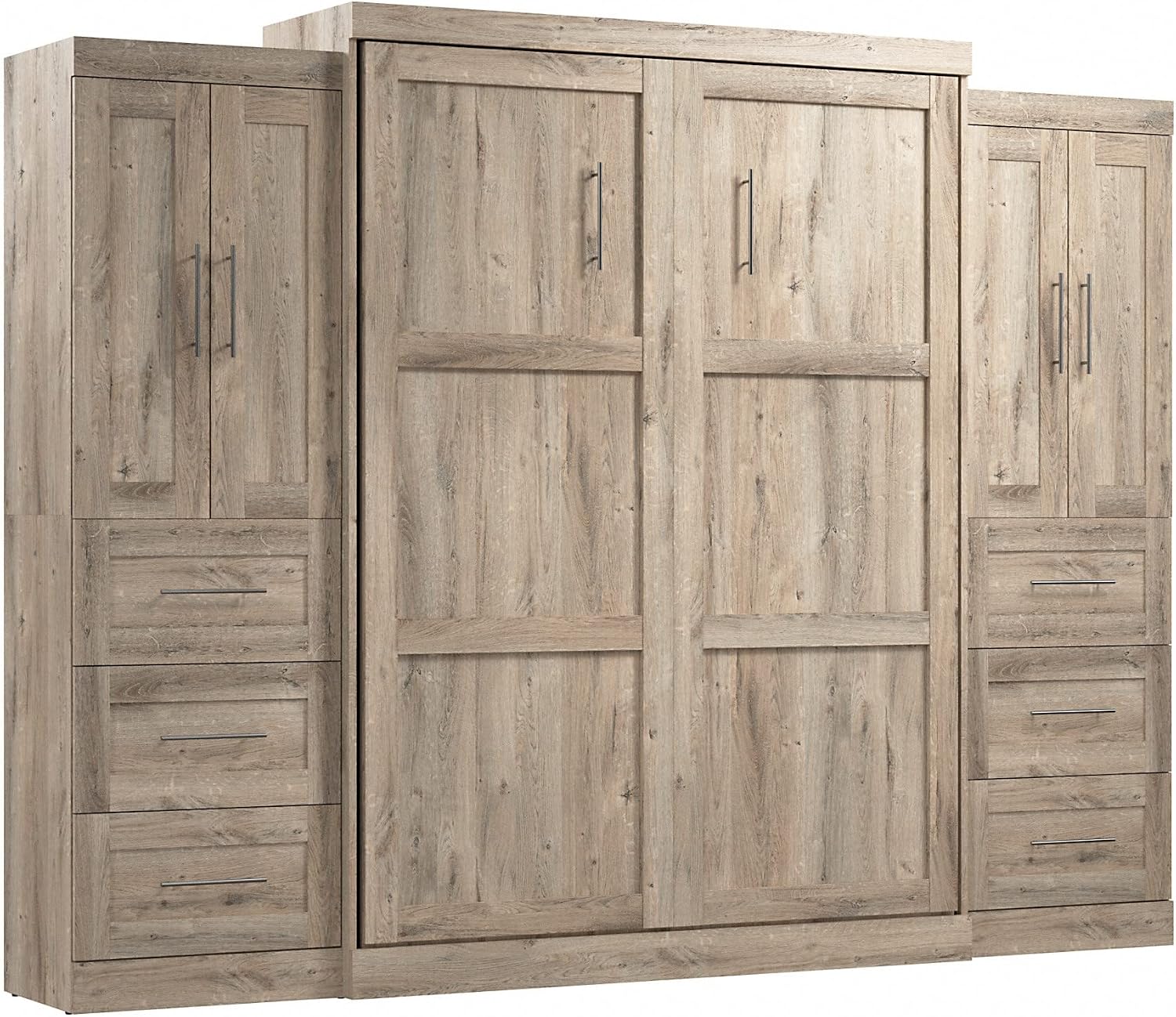 Bestar Pur Full Murphy Bed and 2 Shelving Units with Drawers, 109-inch Space-Saving Sleeping Arrangement in White | 2 Shelving Units with Drawers; supports up to 1000 lb; min. ceiling height 86.4 in.; dual piston mechanism; 10-year warranty