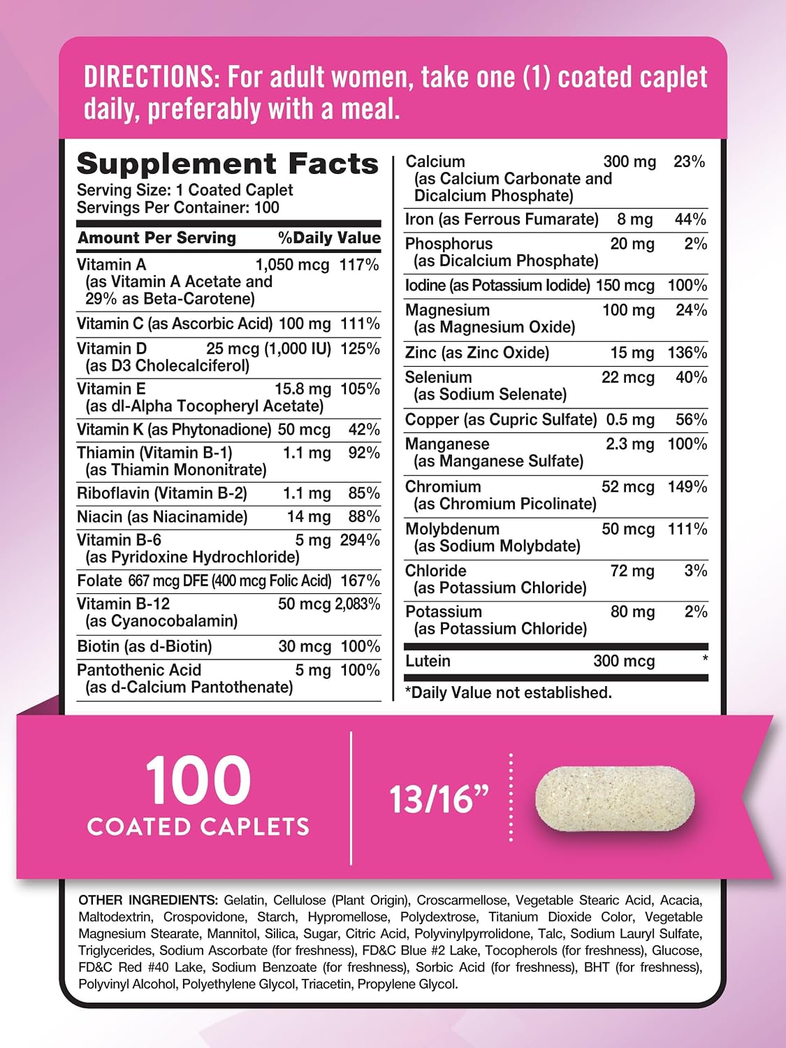 Nature's Truth Women's 50+ Multivitamin Caplets | 100 Count | with Vitamin A, C, D, E and Zinc | Non-GMO & Gluten Free Supplement
