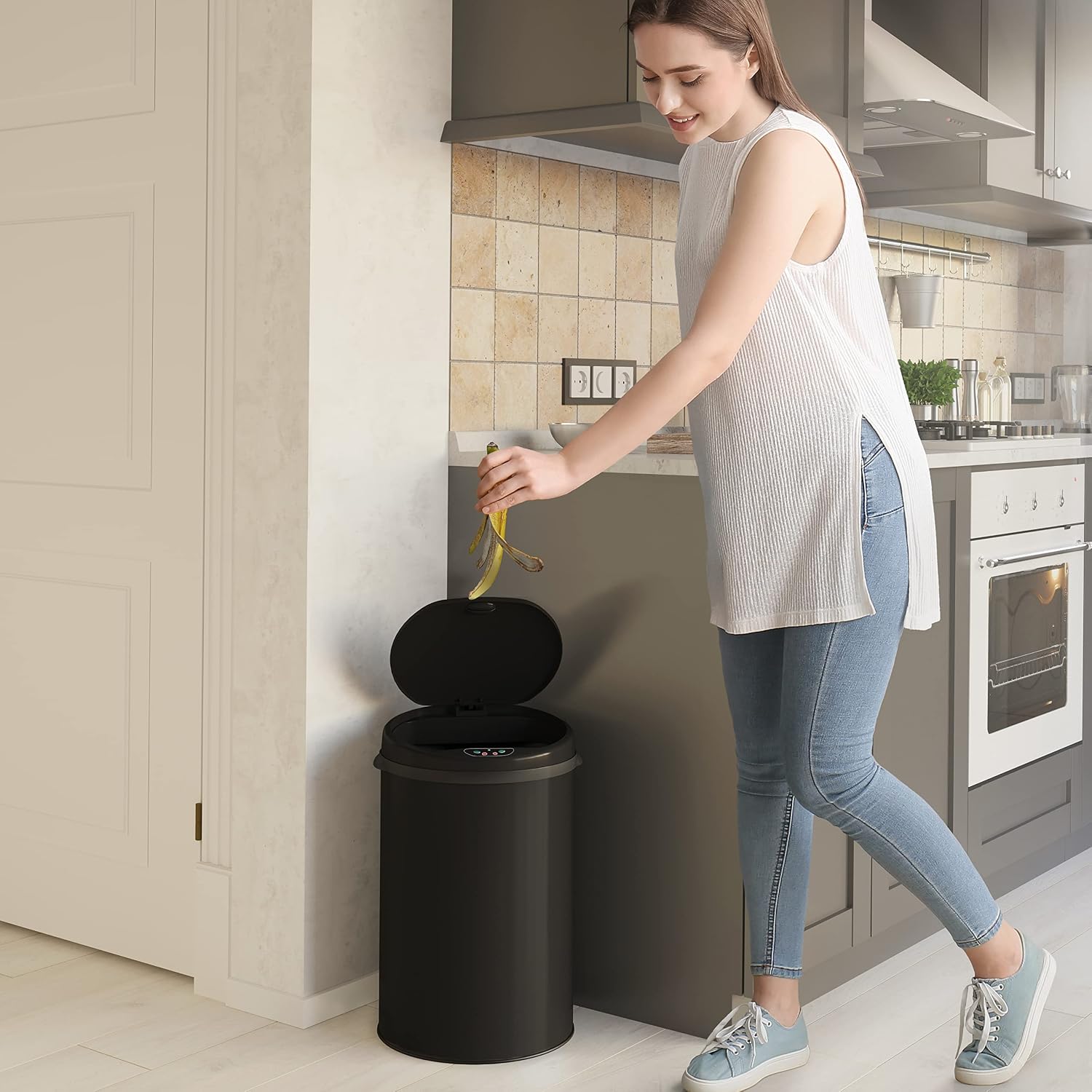 iTouchless 13 Gallon Touchless Sensor Kitchen Trash Can with Odor Control System, Brushed Stainless Steel, Round Garbage Bin for Home or Office - IT13RCB