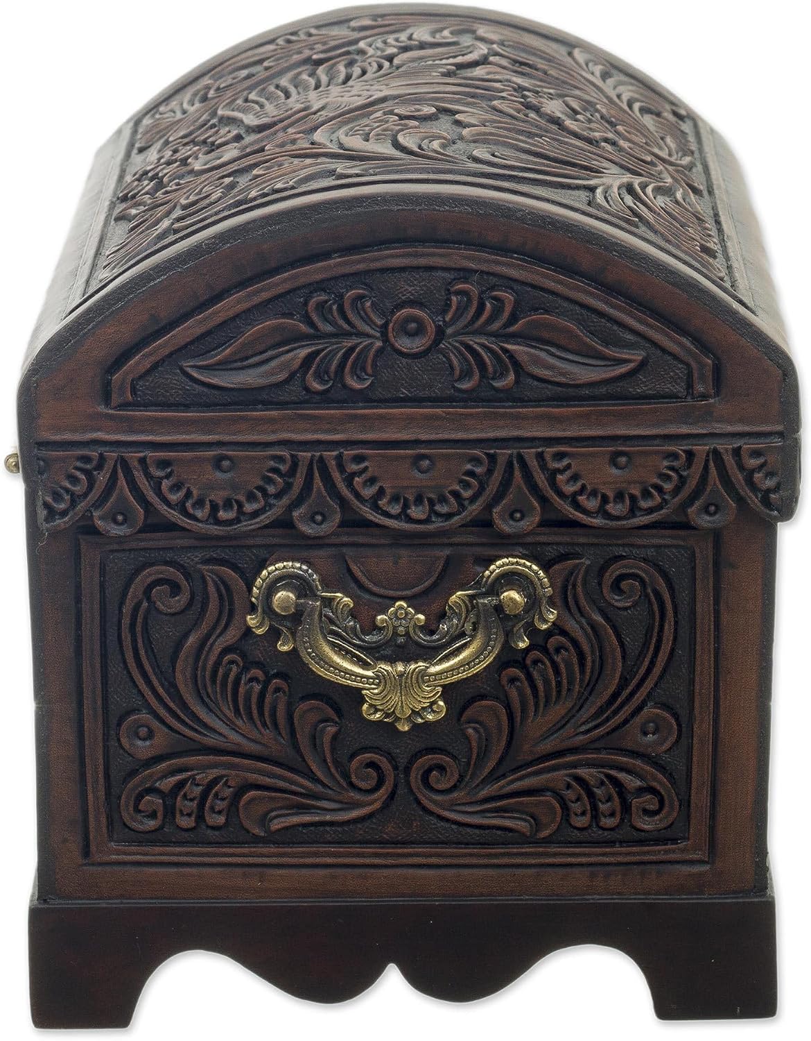 NOVICA Artisan Handmade Cedar and Leather Decorative Box | Floral Bird Motif | Brown Wood Accessories | 'Andean Flight' | 7" H x 8.75" W x 7" D