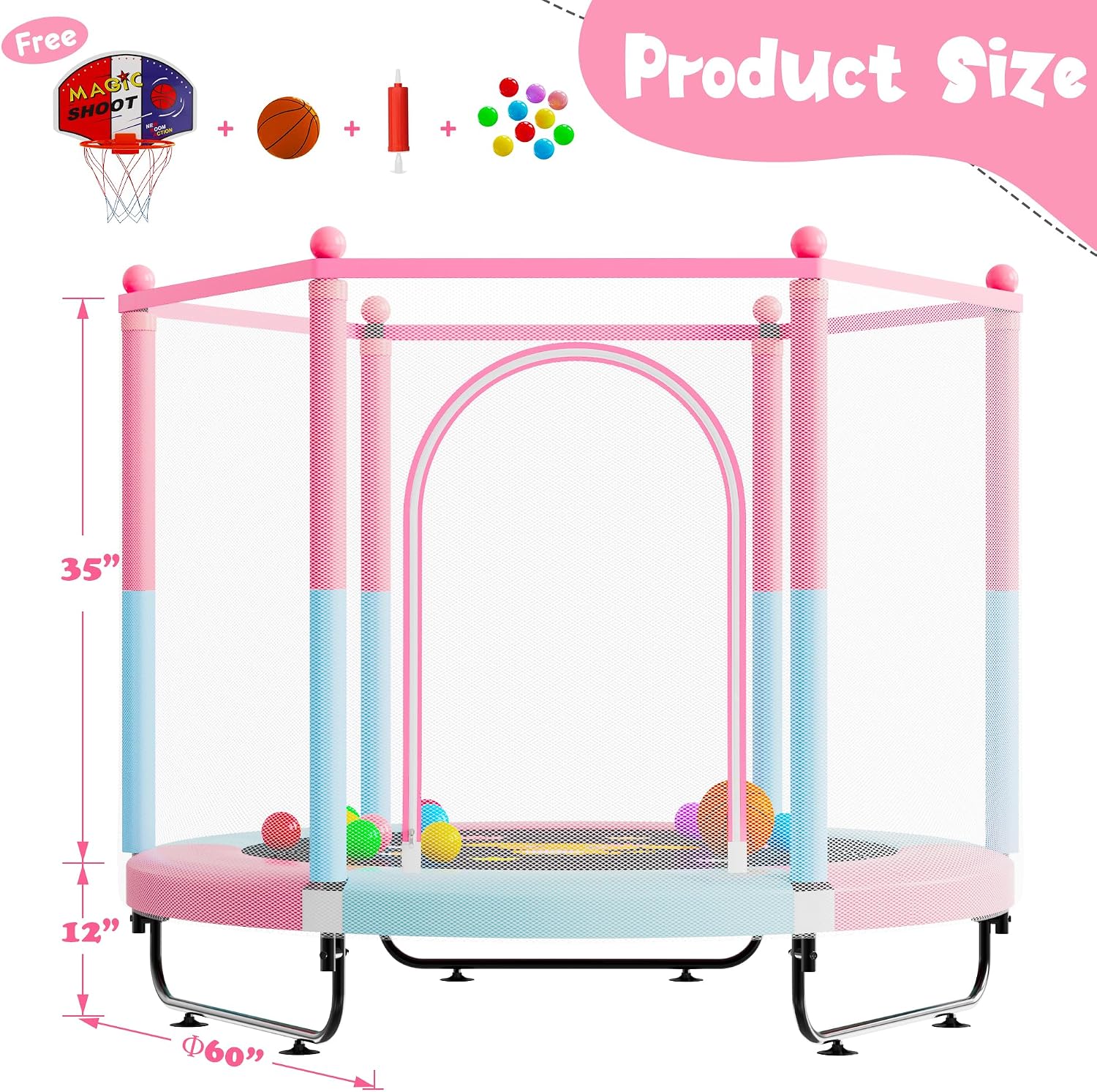 VGMiu 60" Trampoline for Kids, Toddler Trampoline Indoor with Net, Age 3-8