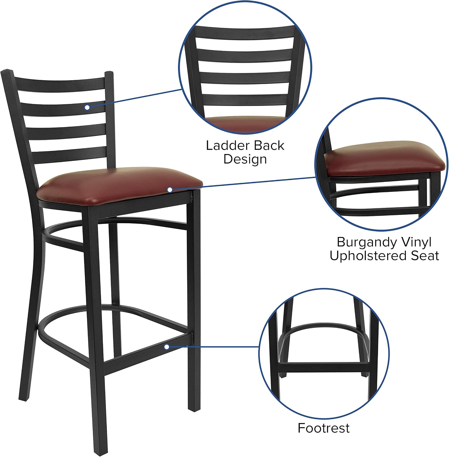Flash Furniture Hercules Series Ladder Back Metal Restaurant Barstool, Modern Upholstered Armless Bar Height Chair for Restaurants and Kitchens, Black | Vinyl Upholstery, Durable Construction, Commercial Use