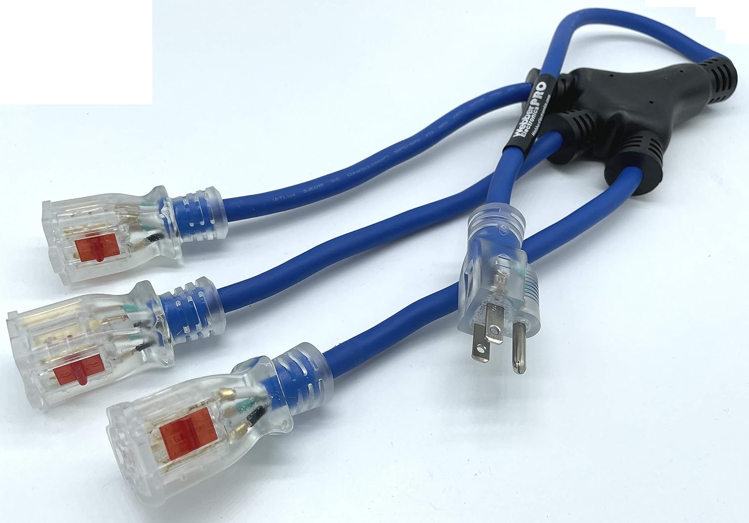 Webber Pro-Series Safety Extension Cable NEMA 5-15P Plug to in-Line GFCI with Illuminated “Triton” Locking Triple Receptacles 2.5'. Webber