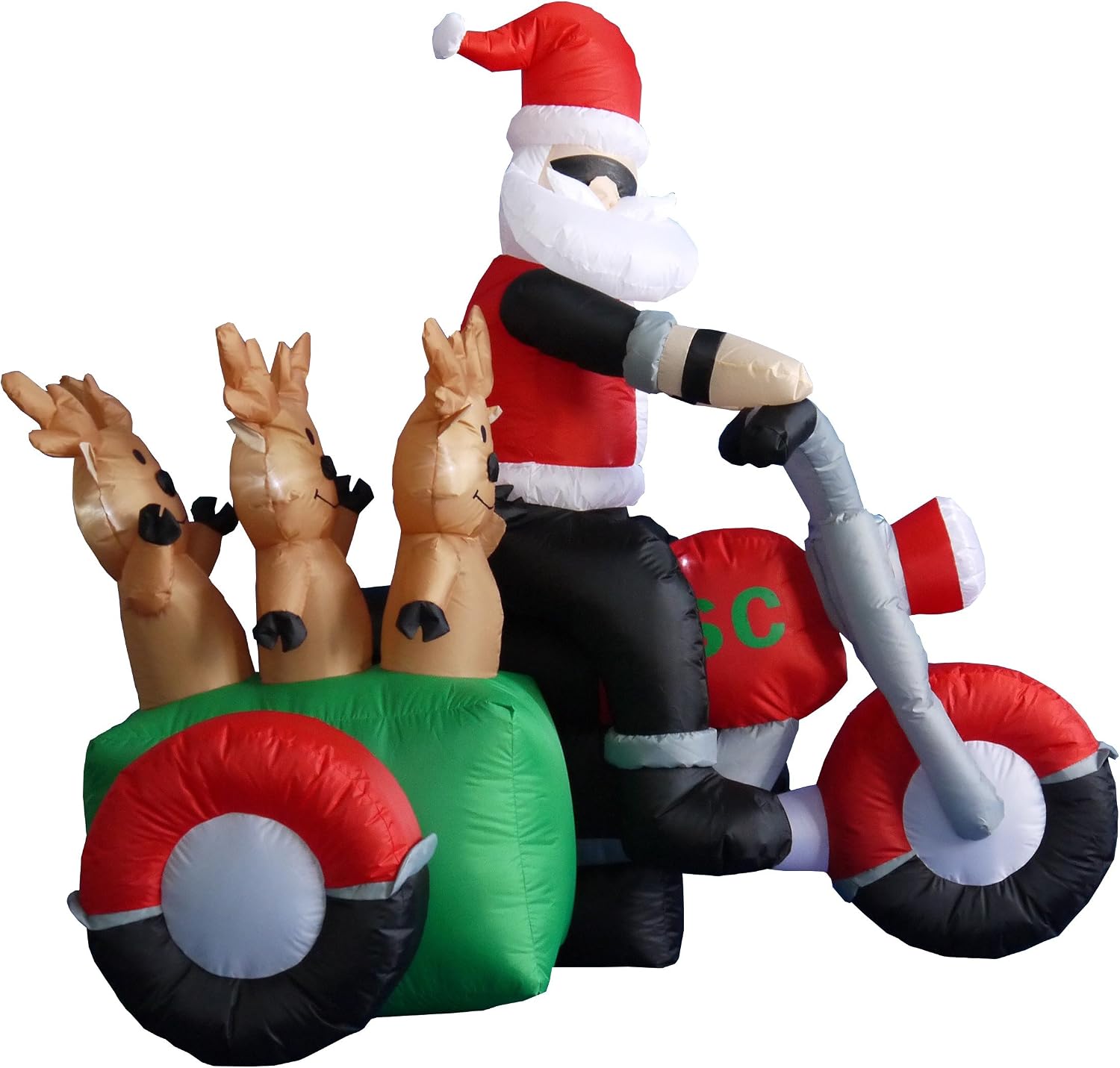 6 Foot Long Inflatable Santa Claus and 3 Reindeers in a Motorcycle | Outdoor Yard Blow-Up Holiday Decoration, Built-in Lights, Self-Inflating