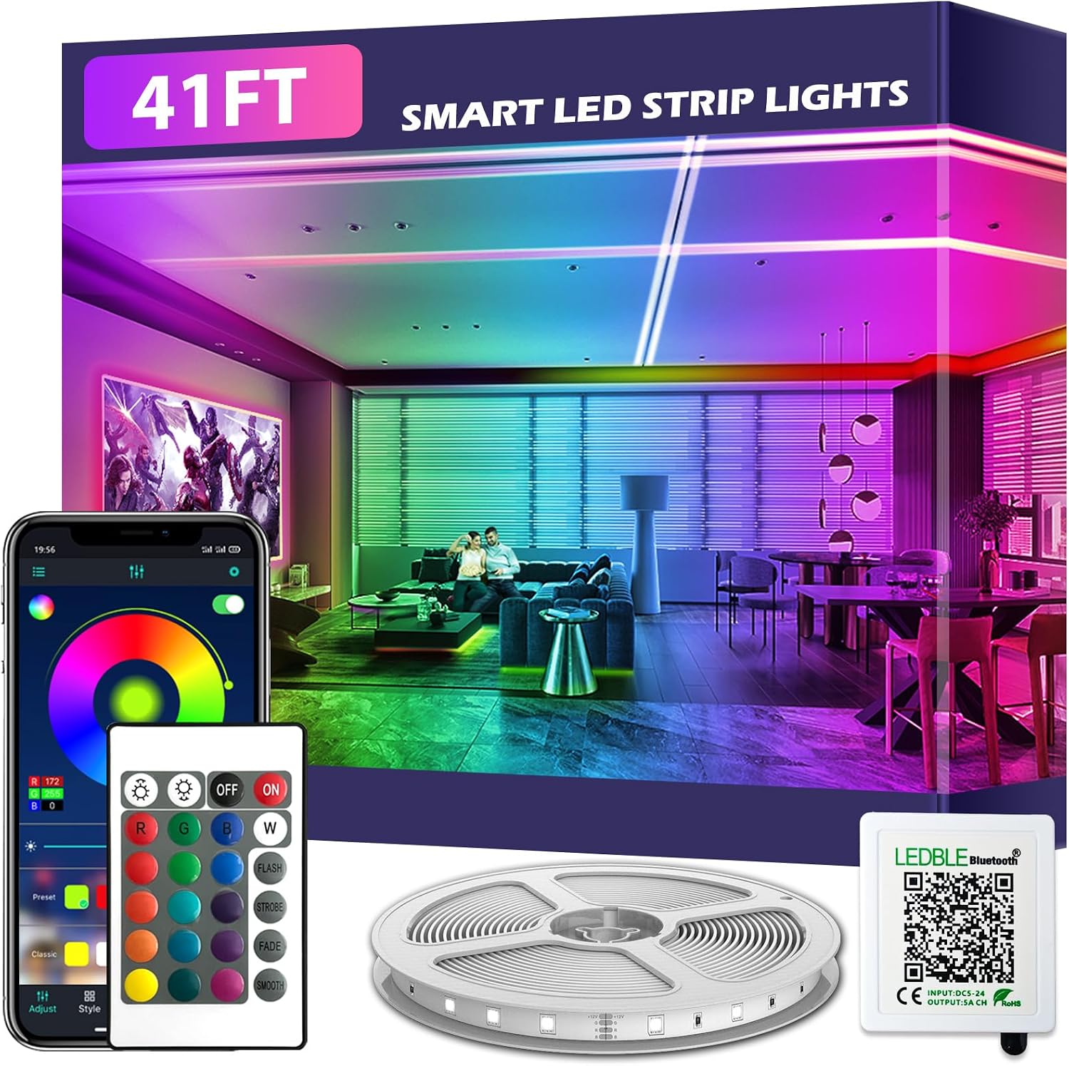 100ft Led Strip Lights, Long Smart Led Light Strips Music Sync 5050 RGB Color Changing Rope Lights