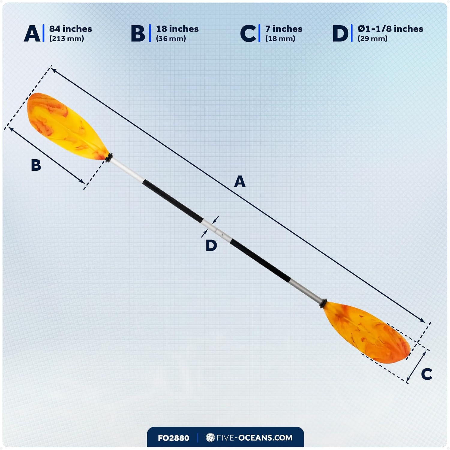 Five Oceans Kayak Paddles, 84" - 7ft Kayak Fishing Paddle, Detachable Heavy-Duty Aluminum Shaft, Reinforced Fiberglass Blades, 2-Piece Snap-Button