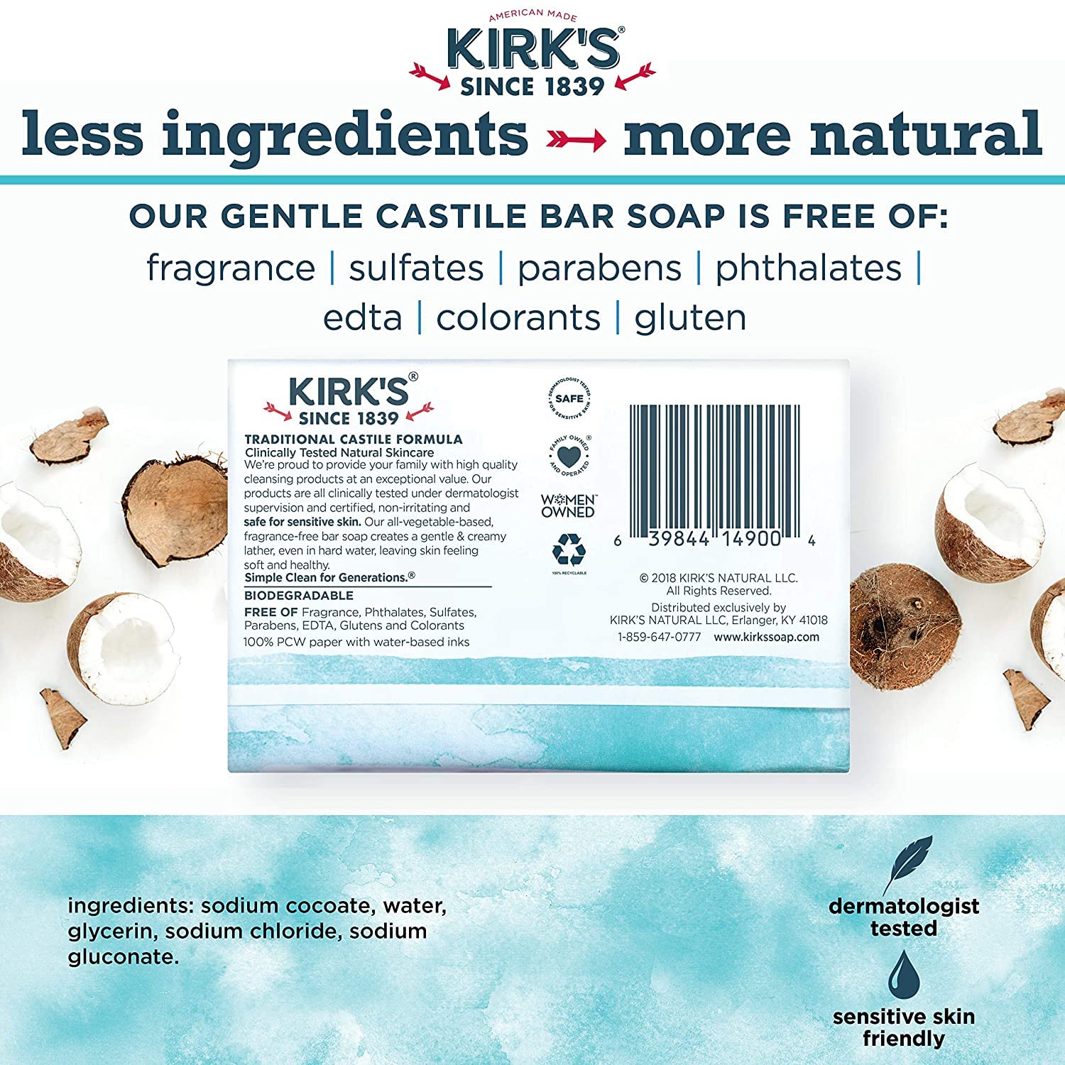 Kirk's Original Coco Castile Soap Fragrance Free 4 oz (Multi-Pack)