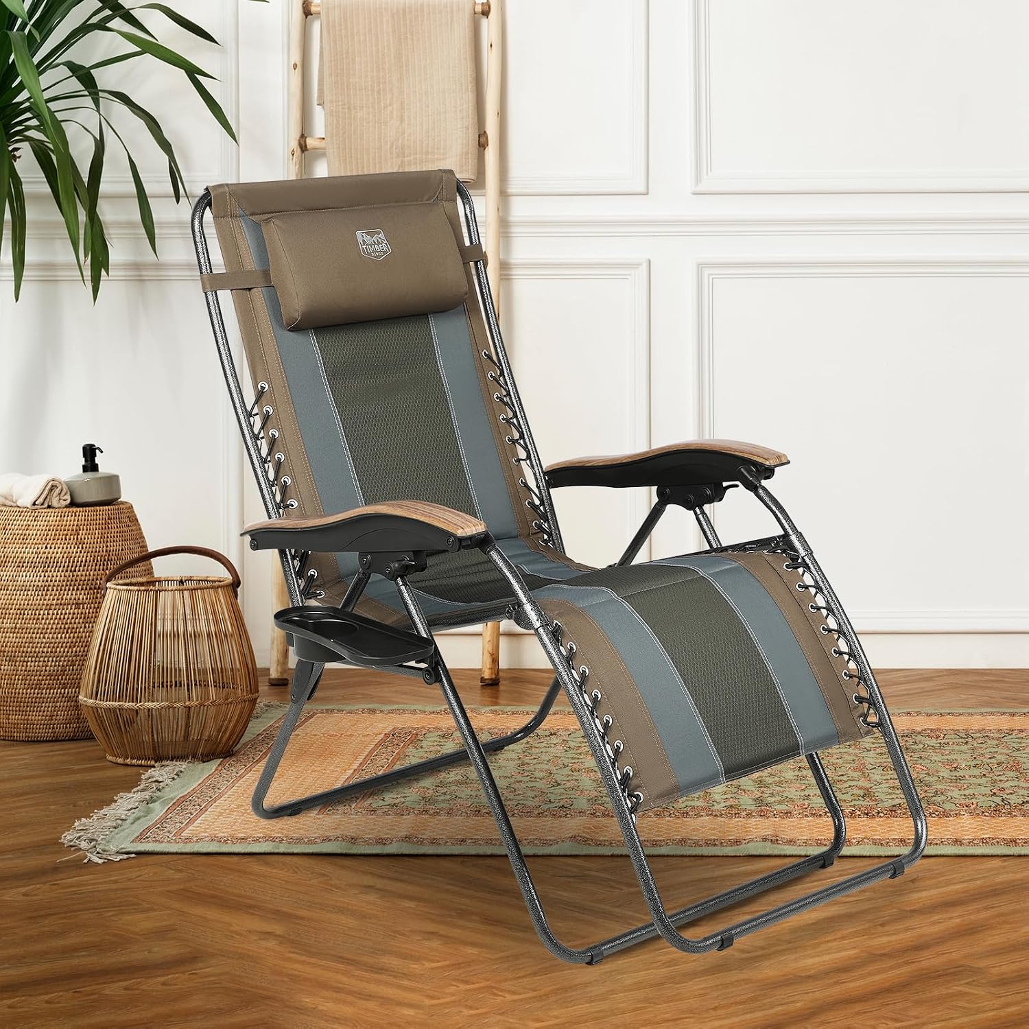 Timber Ridge Oversized Zero Gravity Chair, Padded Reclining Lounge Chair with Adjustable Headrest & Cup Holder, Heavy Duty Support 350 lbs