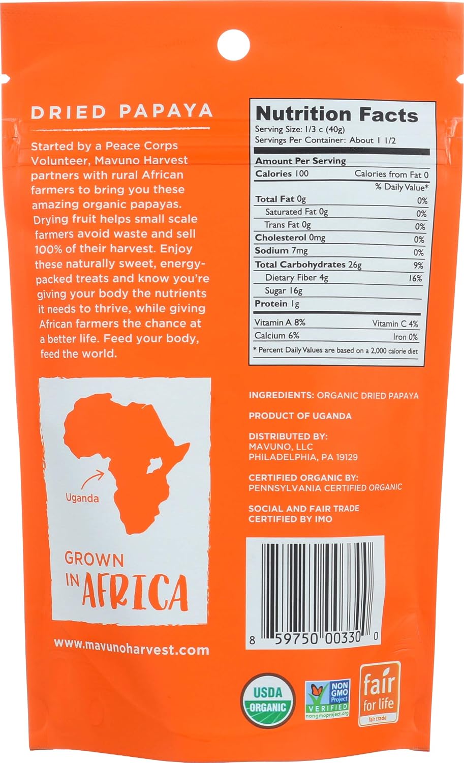Mavuno Harvest Dried Papaya, Organic, 2 Oz