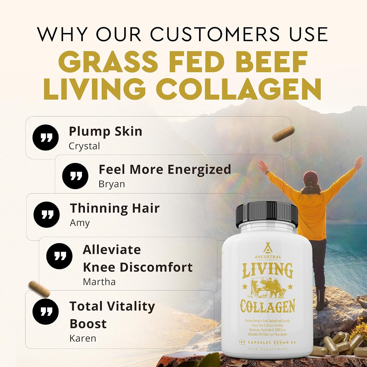 Ancestral Supplements Grass Fed Beef Living Collagen Capsules, 180 Ct | Type II collagen peptides complex in convenient capsules supports healthier