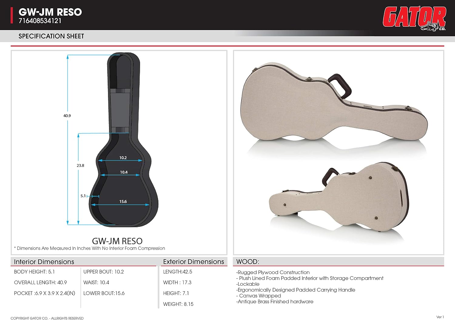 Gator Cases Journeyman Series Deluxe Wood Case for Resonator Style Acoustic Guitars (GW-JW RESO)
