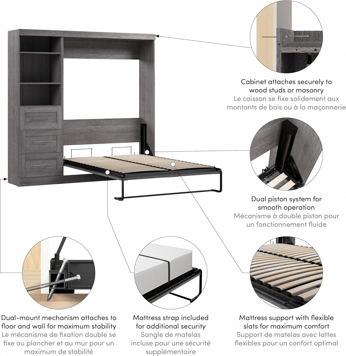 Bestar Pur Full Murphy Bed and Storage Unit with Drawers, 84-inch Space-Saving Wall Bed with Storage in Bark Grey | Storage Unit with Drawers
